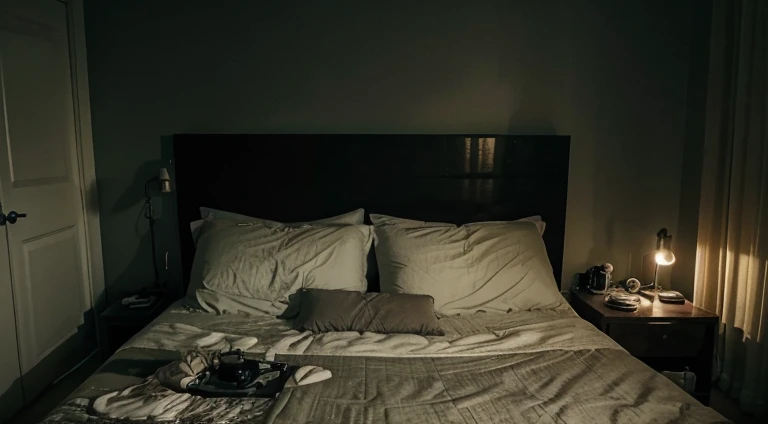 Low light messy bedroom. Night time. Realistic. High quality. Aesthetic.
