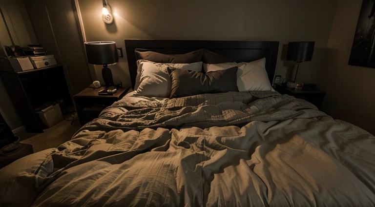 Low light messy bedroom. Night time. Realistic. High quality. Aesthetic.