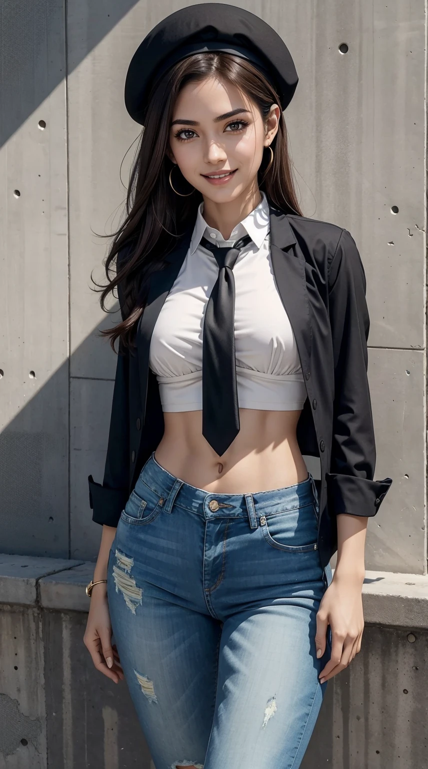 25 year old arab woman、Brown hair、black eyes、Semi-long、setting hair、Slender but well-proportioned muscular body、a smile、wearing a tie-front shirt、Abs are cracked、The navel is visible、Wearing pin heels、I&#39;m wearing low-rise distressed skinny jeans.、a smile、Breasts are big、wearing a beret、I&#39;m in front of an old concrete wall