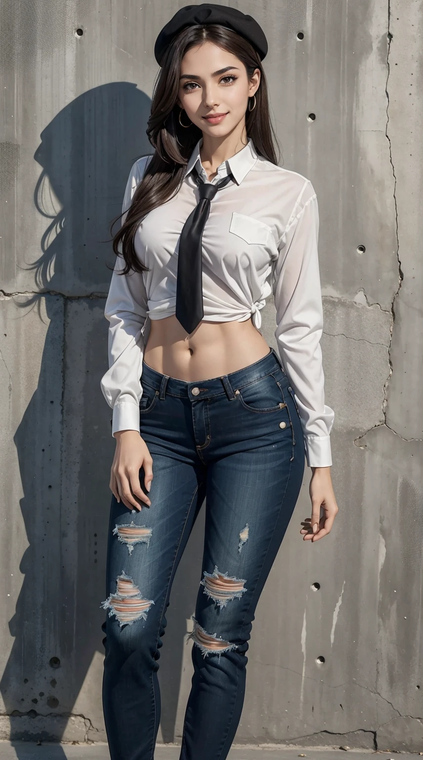 25 year old arab woman、Brown hair、black eyes、Semi-long、setting hair、Slender but well-proportioned muscular body、a smile、wearing a tie-front shirt、Abs are cracked、The navel is visible、Wearing pin heels、I&#39;m wearing low-rise distressed skinny jeans.、a smile、Breasts are big、wearing a beret、I&#39;m in front of an old concrete wall