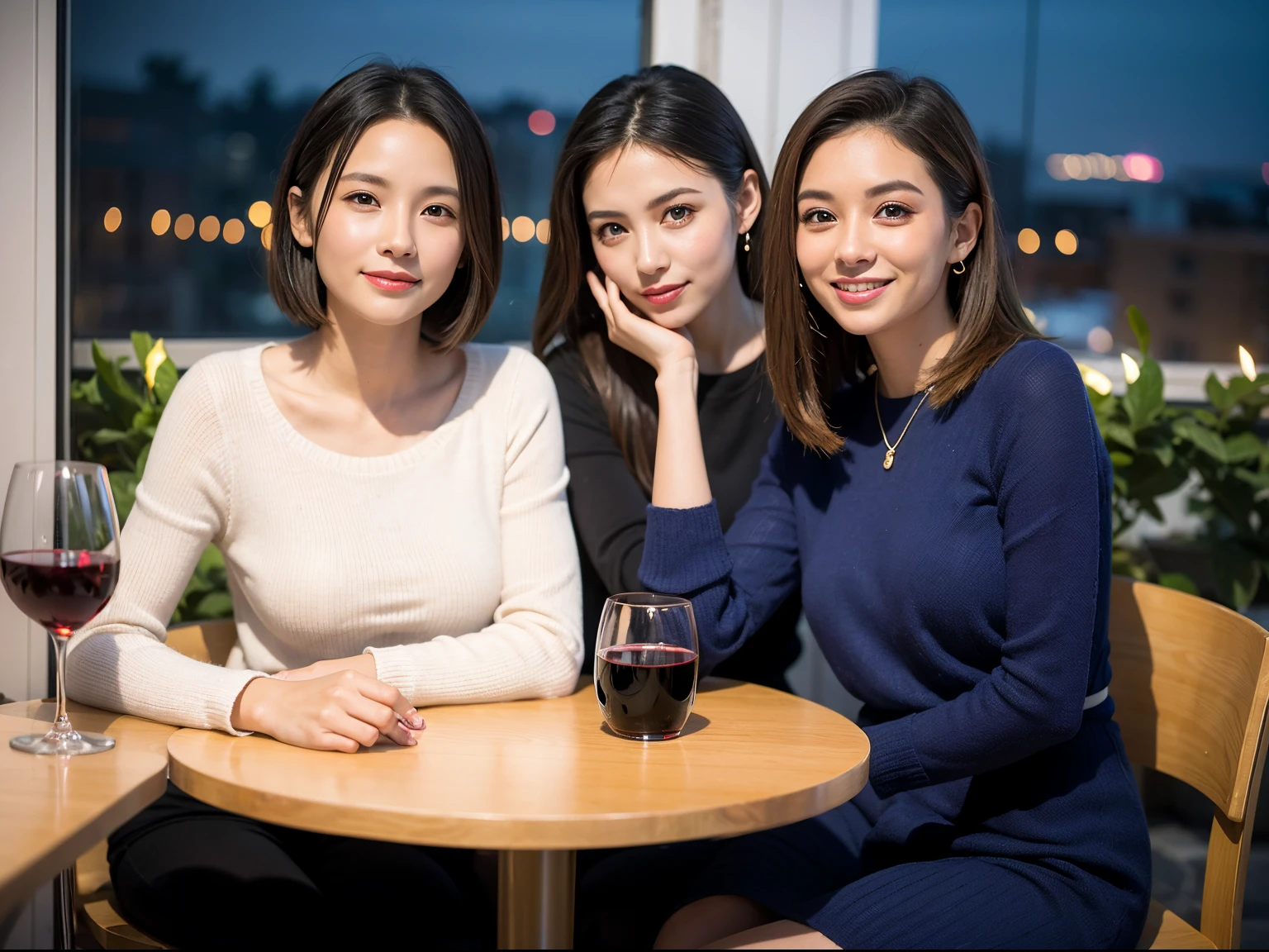 (64k uhd、nffsw、top-quality、​masterpiece:1.2)、(realisitic、Photorealsitic:1.37)、ultra-detailliert、wine glasses、enjoying a glass of wine、a matural female、Two beautiful women、(Slim Faces)、(Slim body)、（brawn hair）、(short-cut)、Latino、smiling french woman、happy italian girl、British woman、Americana、blush a little on the cheeks、(36-years old)、39 years old、red wine、A beautiful and detailed night view spreads out outside the window........、resturant、Wine glasses in a prominent place、natta、(from waist up)、sitting on、date、(A smile:1.15)、Beautiful detailed eyes、Cashmere sweater、long-sleeved dresses、japanes、(short-hair:1.2)、Float NovaFrogStyle、、modeled、from waist up、white wine、Slimed、wine glasses、Super beautiful night view、Put the wine glass in the middle、Happy smile、(8K、Raw photography、top-quality、​masterpiece:1.2)、(realisitic、Photorealsitic:1.37)、ultra-detailliert、超A high resolution、2 females、see the beholder、beautifull detailed face、A smile、Constriction、(Slim waist) :1.3)、knit shirt、Beautiful detailed skin、Skin Texture、floated hair、professional light needle breast、eyes gentle