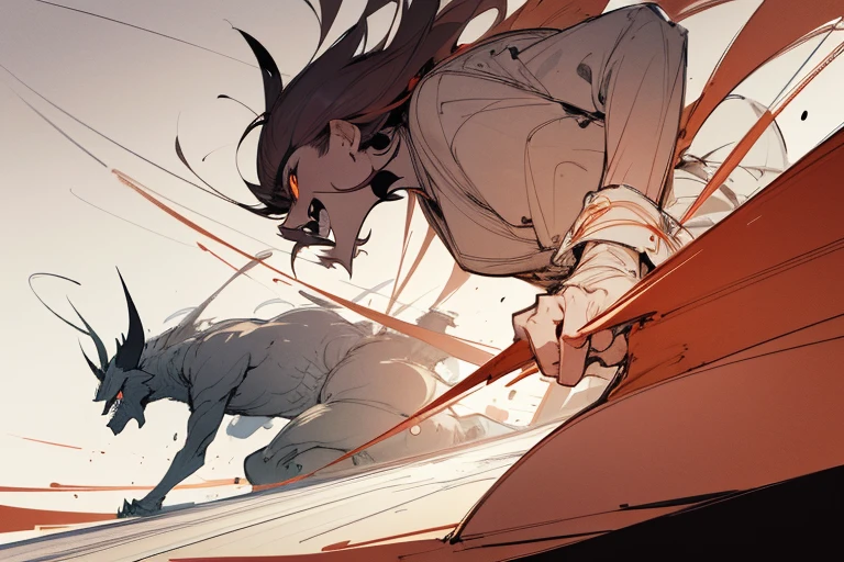 ((masterpiece)), ((high resolution)), ((super delicate)), Japanese painting, (rough sketch), (Line drawing drawing style illustration), ((facing the enemy)), (whole body), (Side angle, diagonal angle, back angle), (Scenes of battle with monsters), (Outline warm color), manga style, madness, ((Crazy smile)), psychopathic, Condescending eyes, Distant view, action pose, (dynamism), eerie, horror factor, (Distinctive hair style), (Creative accessories), (individualistic atmosphere), eerie worldview, Suspicious atmosphere, (Fantasy Town), extra