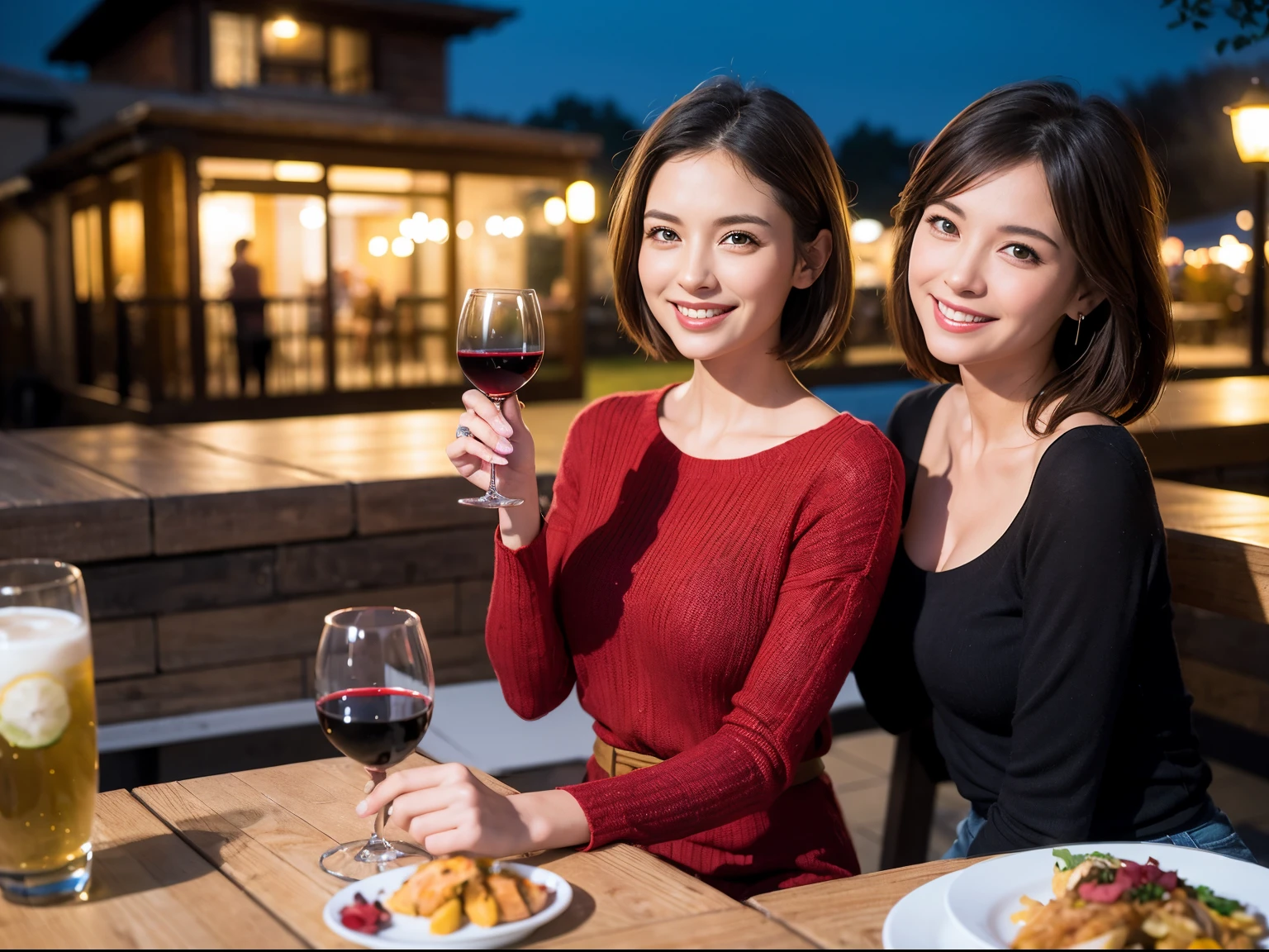 (64k uhd、nffsw、top-quality、masterpiece:1.2)、(realisitic、Photorealsitic:1.37)、ultra-detailliert、wine glasses、enjoying a glass of wine、a matural female、Two beautiful women、(Slim Faces)、(Slim body)、(brawn hair)、(short-cut)、Latino、smiling french woman、happy italian girl、British woman、Americana、blush a little on the cheeks、(36-years old)、39 years old、red wine、A beautiful and detailed night view spreads out outside the window.........、resturant、Wine glasses in a prominent place、natta、(from waist up)、sitting on、date、(A smile:1.15)、Beautiful detailed eyes、Cashmere sweater、long-sleeved dresses、japanes、(short-hair:1.2)、Float NovaFrogStyle、、modeled、from waist up、white wine、Slimed、wine glasses、Super beautiful night view、Put the wine glass in the middle、Happy smile、(8K、Raw photography、top-quality、masterpiece:1.2)、(realisitic、Photorealsitic:1.37)、ultra-detailliert、超A high resolution、2 females、see the beholder、beautifull detailed face、A smile、Constriction、(Slim waist) :1.3)、knit shirt、Beautiful detailed skin、Skin Texture、floated hair、professional light needle breast、eyes gentle