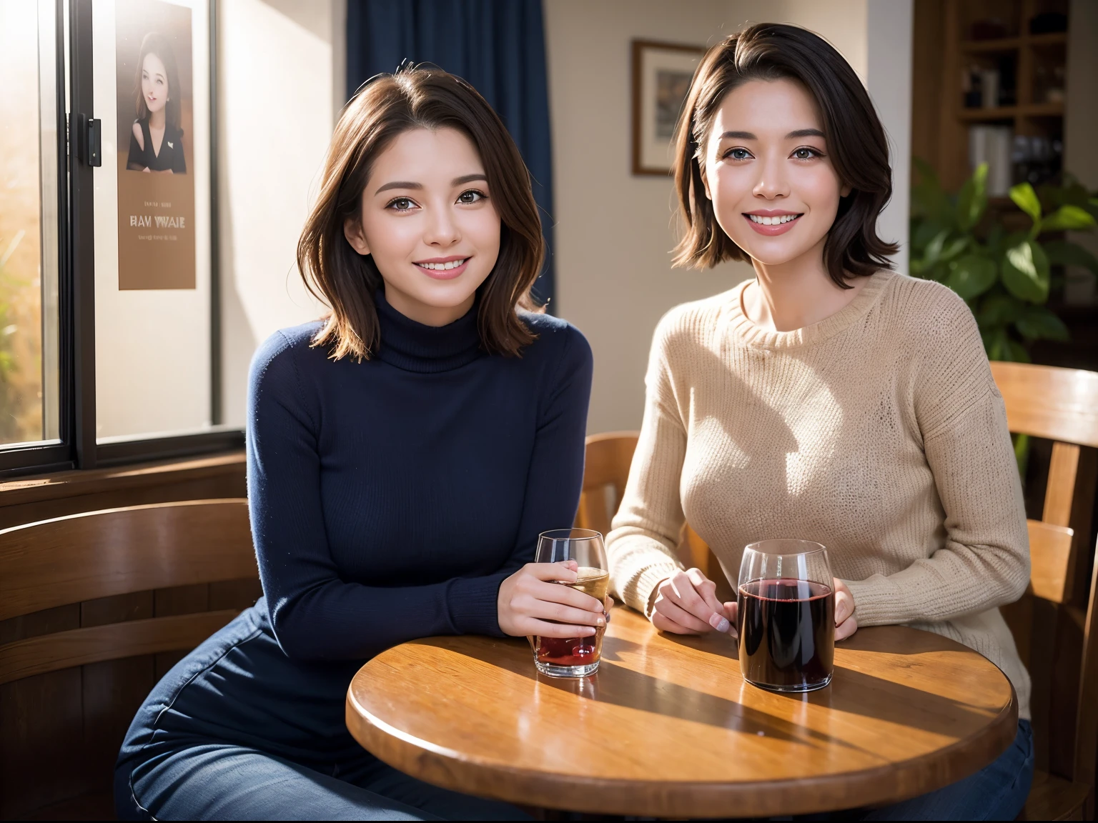 (64k uhd、nffsw、top-quality、masterpiece:1.2)、(realisitic、Photorealsitic:1.37)、ultra-detailliert、wine glasses、enjoying a glass of wine、a matural female、Two beautiful women、(Slim Faces)、(Slim body)、(brawn hair)、(short-cut)、Latino、smiling french woman、happy italian girl、British woman、Americana、blush a little on the cheeks、(36-years old)、39 years old、red wine、A beautiful and detailed night view spreads out outside the window.........、resturant、Wine glasses in a prominent place、natta、(from waist up)、sitting on、date、(A smile:1.15)、Beautiful detailed eyes、Cashmere sweater、long-sleeved dresses、japanes、(short-hair:1.2)、Float NovaFrogStyle、、modeled、from waist up、white wine、Slimed、wine glasses、Super beautiful night view、Put the wine glass in the middle、Happy smile、(8K、Raw photography、top-quality、masterpiece:1.2)、(realisitic、Photorealsitic:1.37)、ultra-detailliert、超A high resolution、2 females、see the beholder、beautifull detailed face、A smile、Constriction、(Slim waist) :1.3)、knit shirt、Beautiful detailed skin、Skin Texture、floated hair、professional light needle breast、eyes gentle