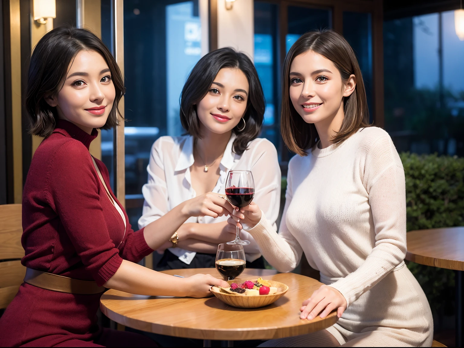 (64k uhd、nffsw、top-quality、masterpiece:1.2)、(realisitic、Photorealsitic:1.37)、ultra-detailliert、wine glasses、enjoying a glass of wine、a matural female、Two beautiful women、(Slim Faces)、(Slim body)、(brawn hair)、(short-cut)、Latino、smiling french woman、happy italian girl、British woman、Americana、blush a little on the cheeks、(36-years old)、39 years old、red wine、A beautiful and detailed night view spreads out outside the window.........、resturant、Wine glasses in a prominent place、natta、(from waist up)、sitting on、date、(A smile:1.15)、Beautiful detailed eyes、Cashmere sweater、long-sleeved dresses、japanes、(short-hair:1.2)、Float NovaFrogStyle、、modeled、from waist up、white wine、Slimed、wine glasses、Super beautiful night view、Put the wine glass in the middle、Happy smile、(8K、Raw photography、top-quality、masterpiece:1.2)、(realisitic、Photorealsitic:1.37)、ultra-detailliert、超A high resolution、2 females、see the beholder、beautifull detailed face、A smile、Constriction、(Slim waist) :1.3)、knit shirt、Beautiful detailed skin、Skin Texture、floated hair、professional light needle breast、eyes gentle