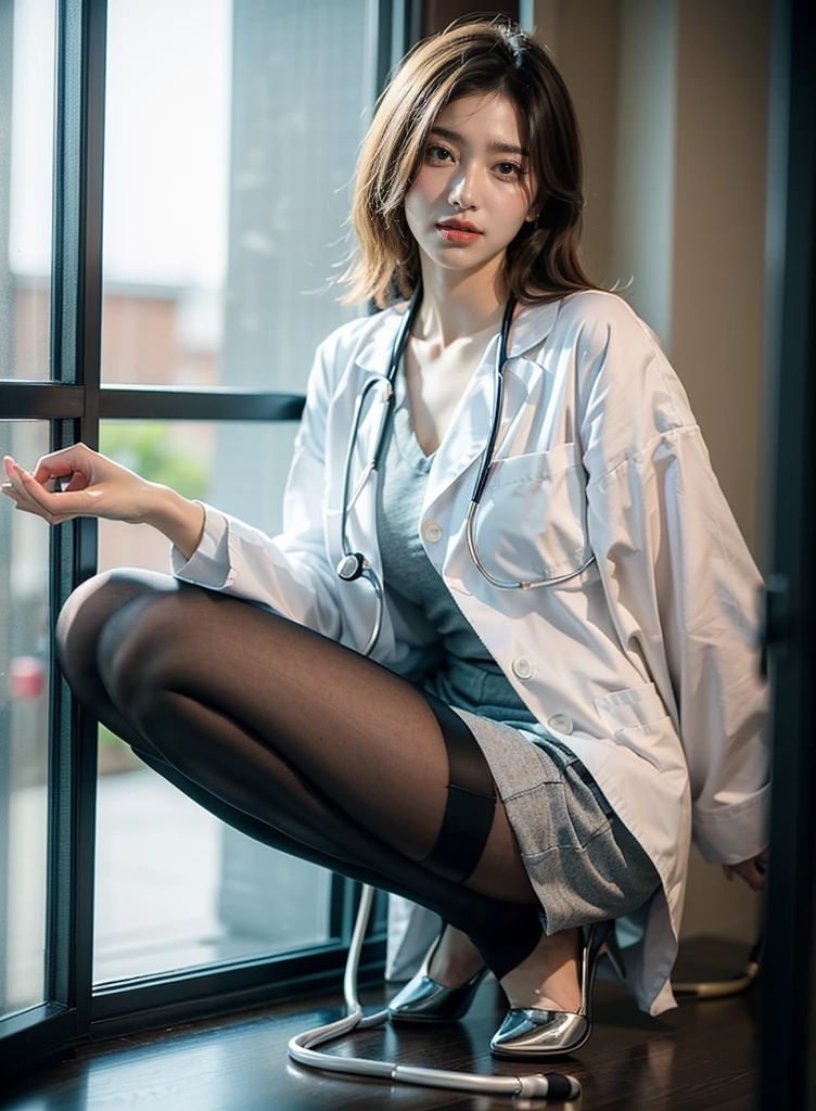 Photorealistic beautiful doctor、stunningly beautiful、doctors white coat, Doctor Fashion、(top-quality、8K、32K、​masterpiece、nffsw:1.3)、超A high resolution,(Photorealsitic:1.4),Raw photography, Detailed face, ((Doctor Style)), , tight skirts、 Natural makeup, Breast cleavage, large full breasts、inside hospital, Detailed background, Perfect Lighting, depth of fields, Beautiful shadow gradient,stethoscope , (((fullllbody))), Full body capture, fullllbody, Legs wide open, Open legs, Black pubic hair, look to the camera, Eye for detail, Beautiful eyes,