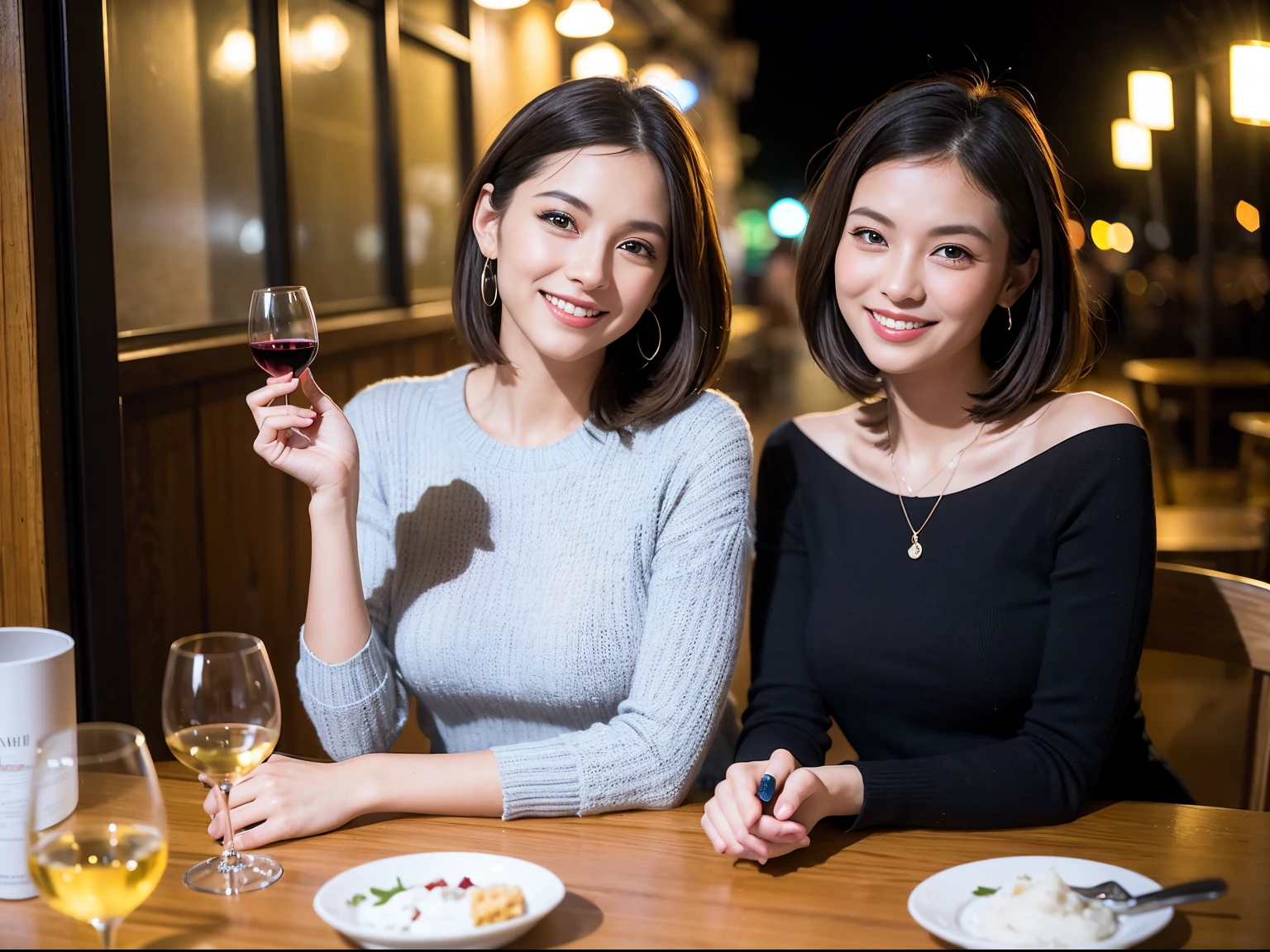 (64k uhd、nffsw、top-quality、masterpiece:1.2)、(realisitic、Photorealsitic:1.37)、ultra-detailliert、wine glasses、enjoying a glass of wine、a matural female、Two beautiful women、(Slim Faces)、(Slim body)、(brawn hair)、(short-cut)、Latino、smiling french woman、happy italian girl、British woman、Americana、blush a little on the cheeks、(36-years old)、39 years old、red wine、A beautiful and detailed night view spreads out outside the window.........、resturant、Wine glasses in a prominent place、natta、(from waist up)、sitting on、date、(A smile:1.15)、Beautiful detailed eyes、Cashmere sweater、long-sleeved dresses、japanes、(short-hair:1.2)、Float NovaFrogStyle、、modeled、from waist up、white wine、Slimed、wine glasses、Super beautiful night view、Put the wine glass in the middle、Happy smile、(8K、Raw photography、top-quality、masterpiece:1.2)、(realisitic、Photorealsitic:1.37)、ultra-detailliert、超A high resolution、2 females、see the beholder、beautifull detailed face、A smile、Constriction、(Slim waist) :1.3)、knit shirt、Beautiful detailed skin、Skin Texture、floated hair、professional light needle breast、eyes gentle