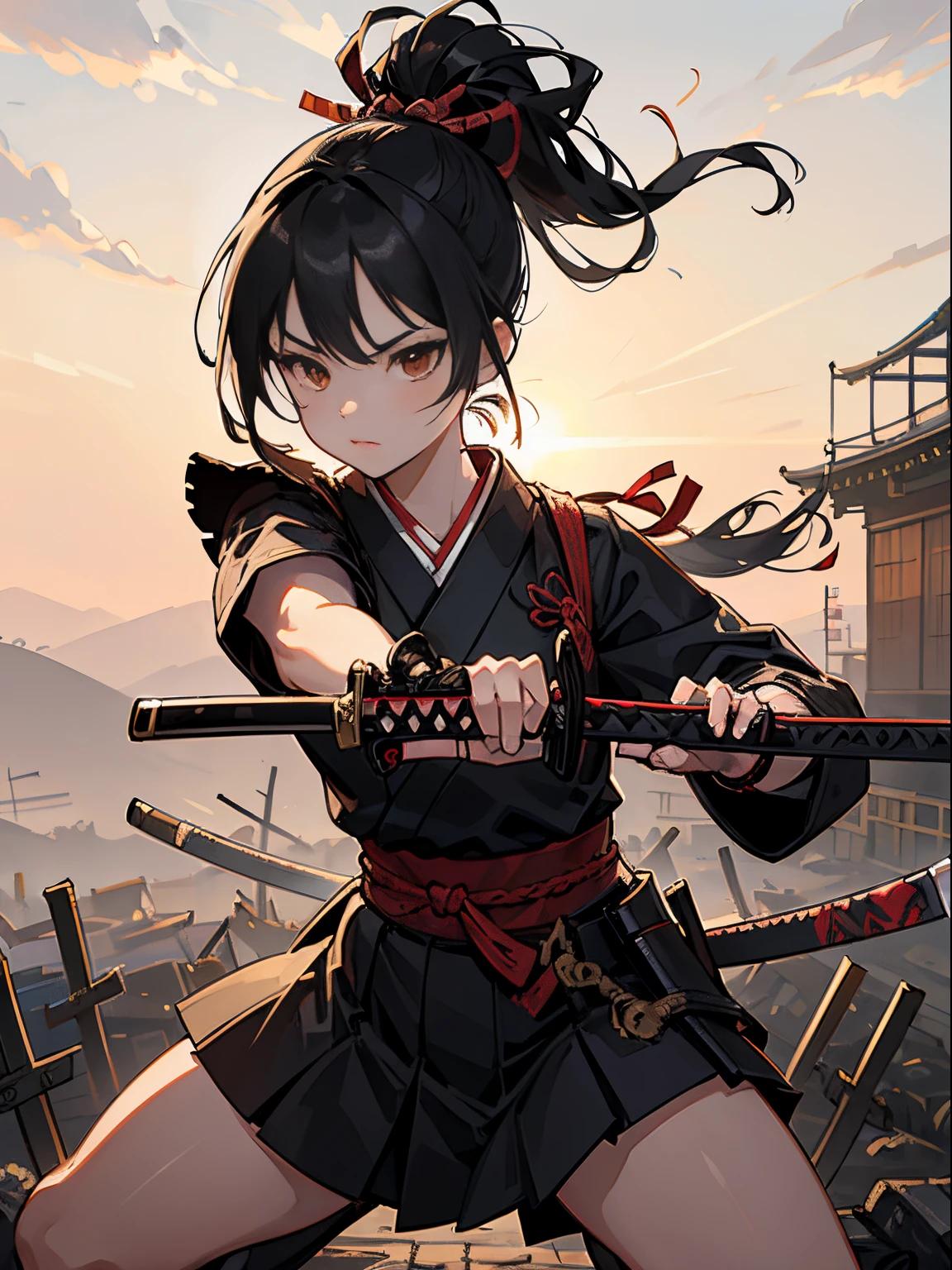 master piece,hyper quality, Hyper Detailed,Perfect drawing,Solo, Beautiful Girl, Samurai wielding a sword, Black ponytail, Hair tied up with a large red ribbon, Equipped with two Japan swords 、open stance, Dynamic Action Pose,Old Japan、battle field、wasteland、beatiful backgrounds、Accurate drawing、Detailed drawing、