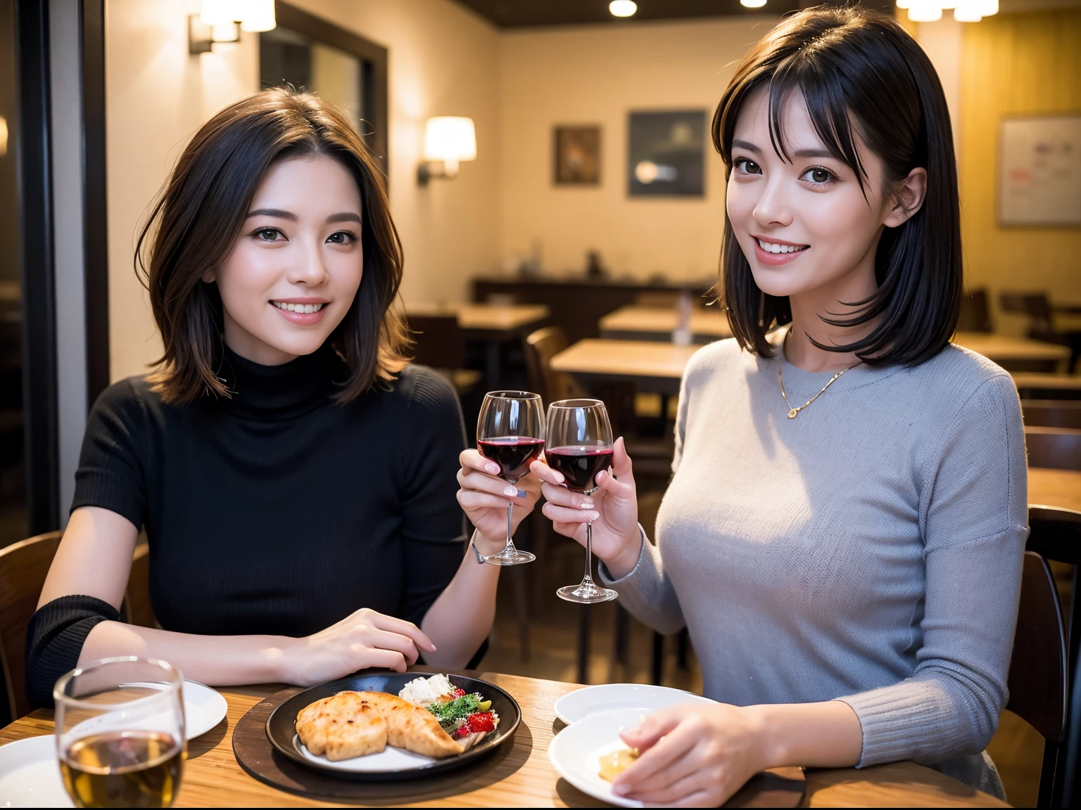 (64k uhd、nffsw、top-quality、masterpiece:1.2)、(realisitic、Photorealsitic:1.37)、ultra-detailliert、wine glasses、enjoying a glass of wine、a matural female、Two beautiful women、(Slim Faces)、(Slim body)、(brawn hair)、(short-cut)、Latino、smiling french woman、happy italian girl、British woman、Americana、blush a little on the cheeks、(36-years old)、39 years old、red wine、A beautiful and detailed night view spreads out outside the window.........、resturant、Wine glasses in a prominent place、natta、(from waist up)、sitting on、date、(A smile:1.15)、Beautiful detailed eyes、Cashmere sweater、long-sleeved dresses、japanes、(short-hair:1.2)、Float NovaFrogStyle、、modeled、from waist up、white wine、Slimed、wine glasses、Super beautiful night view、Put the wine glass in the middle、Happy smile、(8K、Raw photography、top-quality、masterpiece:1.2)、(realisitic、Photorealsitic:1.37)、ultra-detailliert、超A high resolution、2 females、see the beholder、beautifull detailed face、A smile、Constriction、(Slim waist) :1.3)、knit shirt、Beautiful detailed skin、Skin Texture、floated hair、professional light needle breast、eyes gentle