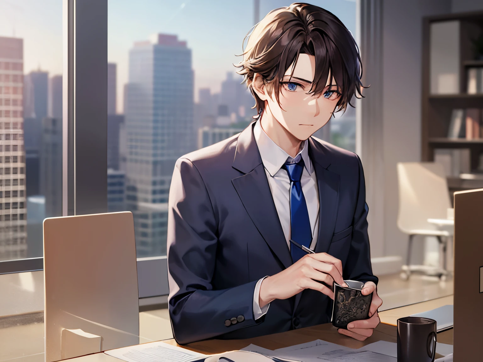masterpiece、hightquality、25 year old man with short brown hair and blue eyes、Wearing a gray suit、Wearing a blue tie、(Alone:1.5)、(Melancholy look:1.1)、(look away:1.3)、(Only the upper body is shown.:1.3)、Sit in front of your computer、The background is office、Bold composition、