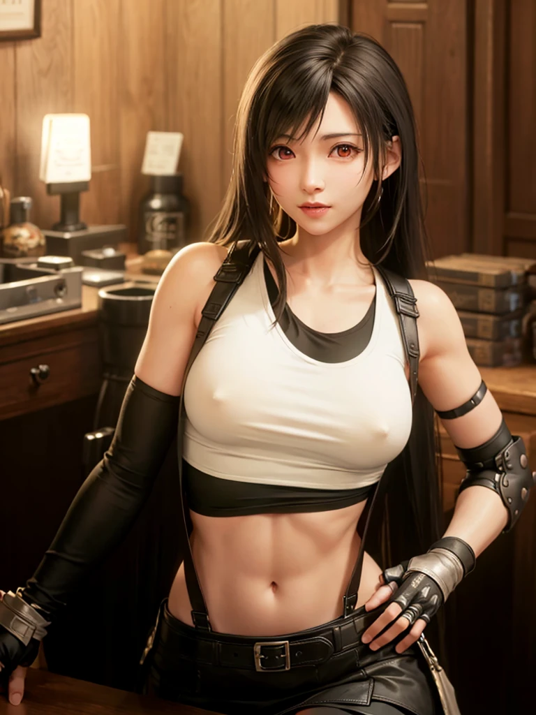 Tifa Lockhart, Tifa_lockhart, F F7, Ecstasy, (Upper body naked), Black Mini Skirt, (Black Long Hair), Hair bangs (Red Eyes:1.3) long eyelashes, beautiful red eyes with brightness, surrealism, Shadow, stereograms, (Photorealistic, Realistic: 1.2), POV, Atmospheric perspective, Cinematic lighting, Ray tracing, 8K, Super Detail, Best Quality, masutepiece, Well Detailed, (Canan EOS R6, 135 mm, 1/1/2.8, ISO 400:0.9), Red Combat Gloves, Colossal tits,slim, View from below, on the beds, ((Taking off your shirt))((Rubbing your), small areola, small nipples , Open crotch,Lower breast、sideboob barbosa