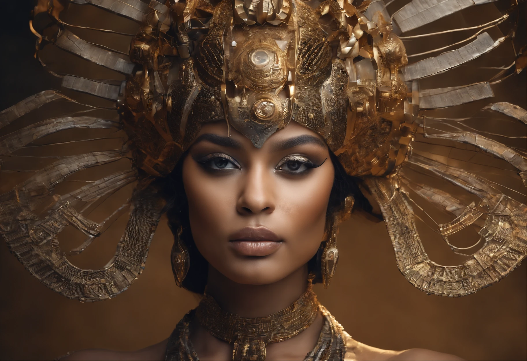 best quality, portrait of a beautiful, curvy woman in futuristic headdress inspired by an ancient egypt king, details, gold, silver, stones, scarab beetle, eyes protected by a transparent visor, transparent limestone, microchips, cabels, electric glow, retro futurism, behind the woman there red desert landscape similair with ancient pyramids but with a futuristic touch, mecha-girl, human machine integration,