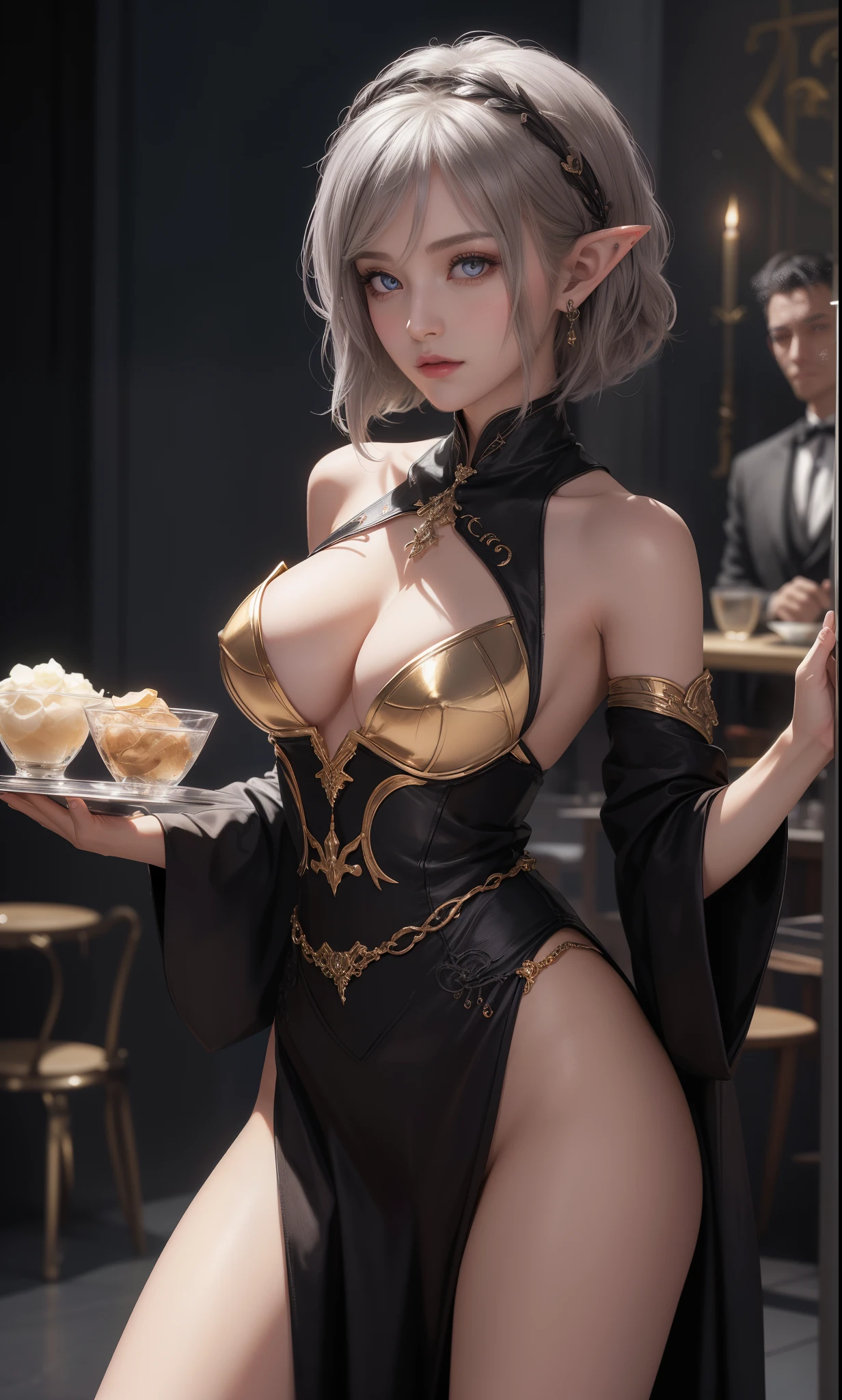 tmasterpiece,Highest image quality,Beautiful bust of a dark elf girl,elvish ears,Dark elf silver short hair style,Clear golden eyes,锁链,bistro in paris,Ultra-detailed details。At the Pixiv Art Station,Break your own power,The kinky exposed,R-18G