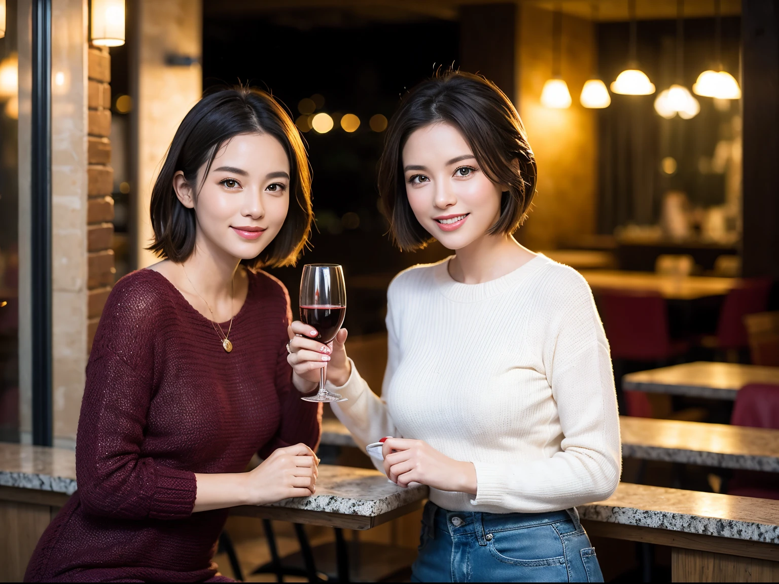 (64k uhd、nffsw、top-quality、masterpiece:1.2)、(realisitic、Photorealsitic:1.37)、ultra-detailliert、wine glasses、enjoying a glass of wine、a matural female、Two beautiful women、(Slim Faces)、(Slim body)、(brawn hair)、(short-cut)、Latino、smiling french woman、happy italian girl、British woman、Americana、blush a little on the cheeks、(36-years old)、39 years old、red wine、A beautiful and detailed night view spreads out outside the window..........、resturant、Wine glasses in a prominent place、natta、(from waist up)、sitting on、date、(A smile:1.15)、Beautiful detailed eyes、Cashmere sweater、long-sleeved dresses、japanes、(short-hair:1.2)、Float NovaFrogStyle、、modeled、from waist up、white wine、Slimed、wine glasses、Super beautiful night view、Put the wine glass in the middle、Happy smile、(8K、Raw photography、top-quality、masterpiece:1.2)、(realisitic、Photorealsitic:1.37)、ultra-detailliert、超A high resolution、2 females、see the beholder、beautifull detailed face、A smile、Constriction、(Slim waist) :1.3)、knit shirt、Beautiful detailed skin、Skin Texture、floated hair、professional light needle breast、eyes gentle