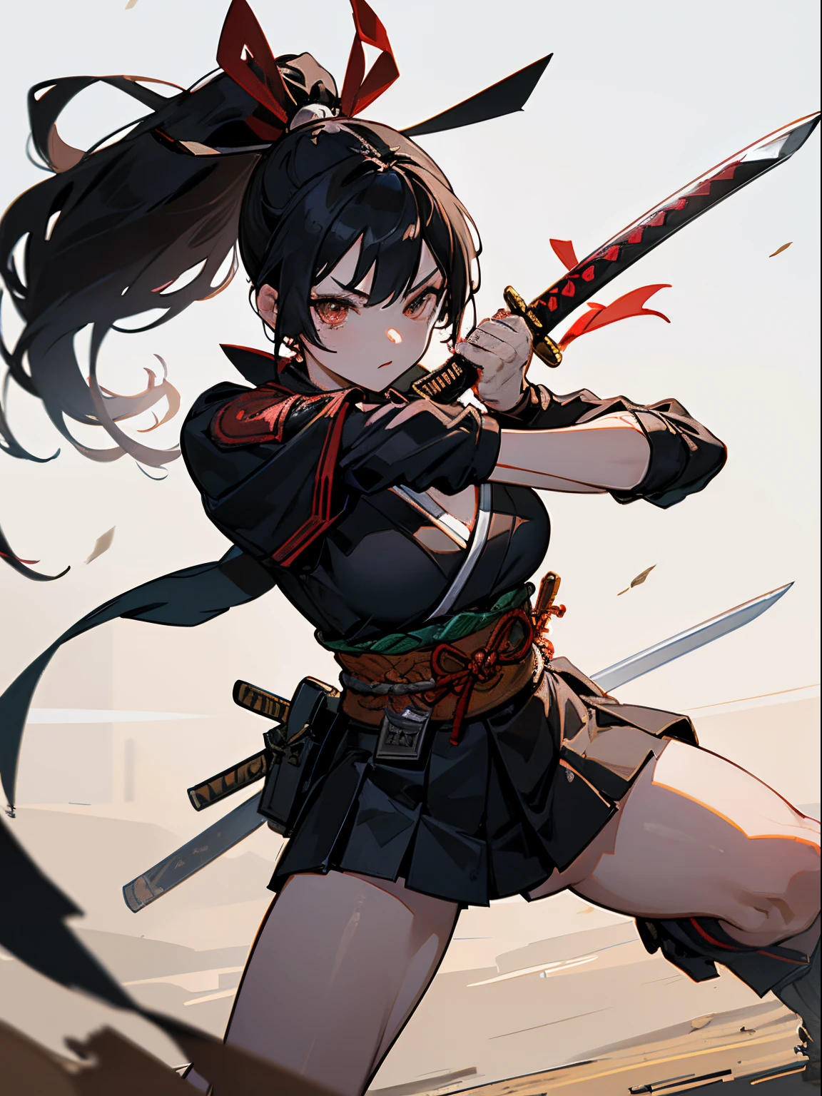 master piece,hyper quality, Hyper Detailed,Perfect drawing,Solo, Beautiful Girl, Samurai wielding a sword, Black ponytail, Hair tied up with a large red ribbon, Equipped with two Japan swords 、open stance, Dynamic Action Pose,Old Japan、battle field、wasteland、beatiful backgrounds、Accurate drawing、Detailed drawing、