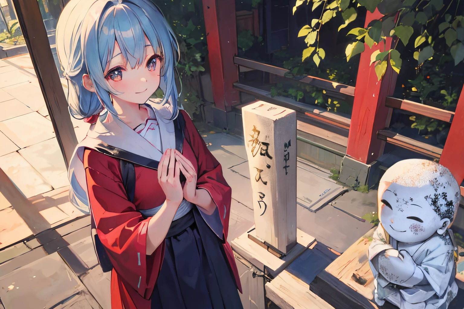 Jizo smiling a little with his hands together