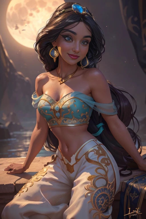 jasmine  1girl, solo, looking at viewer, smile, shirt, bare shoulders, jewelry, sitting, full body, flower, earrings, pants, off shoulder, crop top, makeup, bird, border, moon, full moon, off-shoulder shirt (realistic:1.2), (realism), (masterpiece:1.2), (best quality), (ultra detailed), (8k, 4k, intricate),(full-body-shot:1), (85mm),light particles, lighting, (highly detailed:1.2),(detailed face:1.2), (gradients), sfw, colorful,(detailed eyes:1.2)(detailed background),detailed landscape, (dynamic angle:1.2), (dynamic pose:1.2), (rule of third_composition:1.3), (Line of action:1.2)