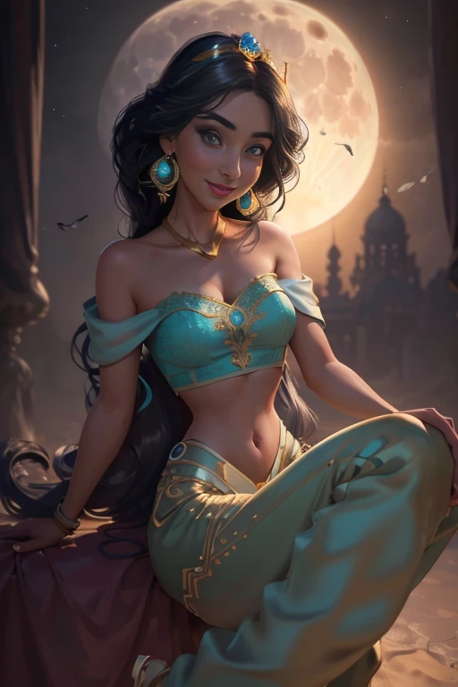 jasmine  1girl, solo, looking at viewer, smile, shirt, bare shoulders, jewelry, sitting, full body, flower, earrings, pants, off shoulder, crop top, makeup, bird, border, moon, full moon, off-shoulder shirt (realistic:1.2), (realism), (masterpiece:1.2), (best quality), (ultra detailed), (8k, 4k, intricate),(full-body-shot:1), (85mm),light particles, lighting, (highly detailed:1.2),(detailed face:1.2), (gradients), sfw, colorful,(detailed eyes:1.2)(detailed background),detailed landscape, (dynamic angle:1.2), (dynamic pose:1.2), (rule of third_composition:1.3), (Line of action:1.2)