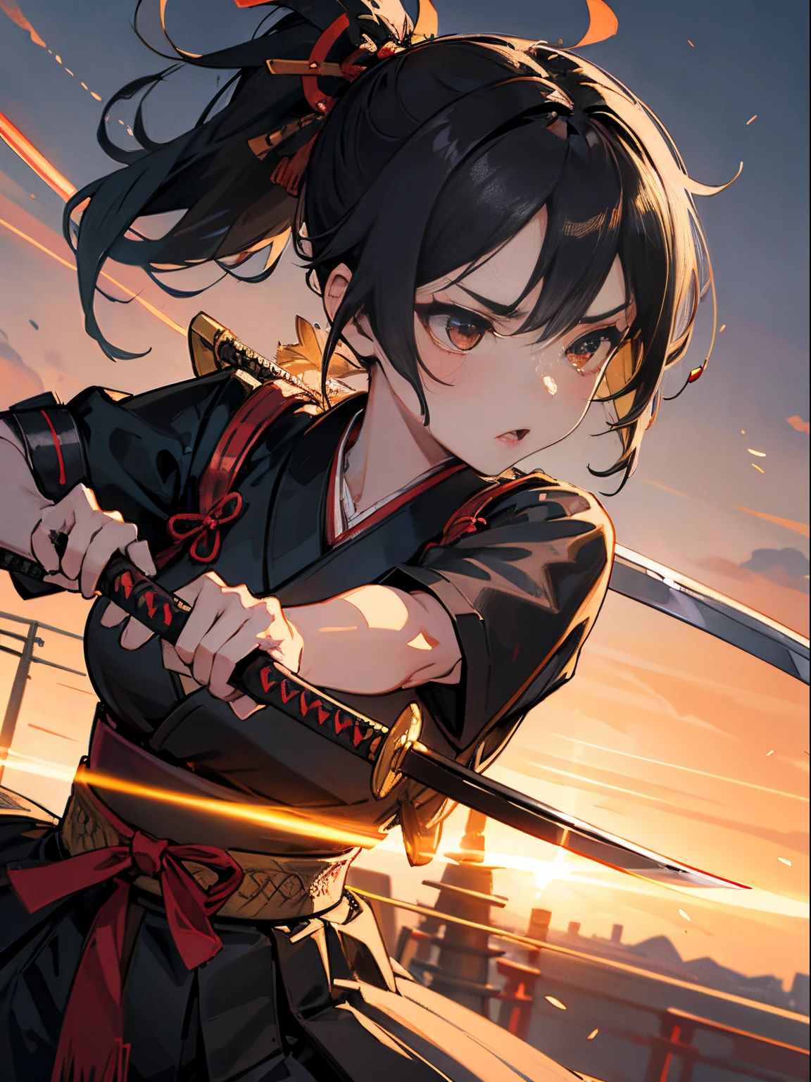 ​master piece,hyper quality, Hyper Detailed,Perfect drawing,Solo, Beautiful Girl, Samurai wielding a sword, Black ponytail, Hair tied up with a large red ribbon, Equipped with two Japan swords 、open stance, Dynamic Action Pose,Old Japan、battle field、wasteland、beatiful backgrounds、Accurate drawing、Detailed drawing、