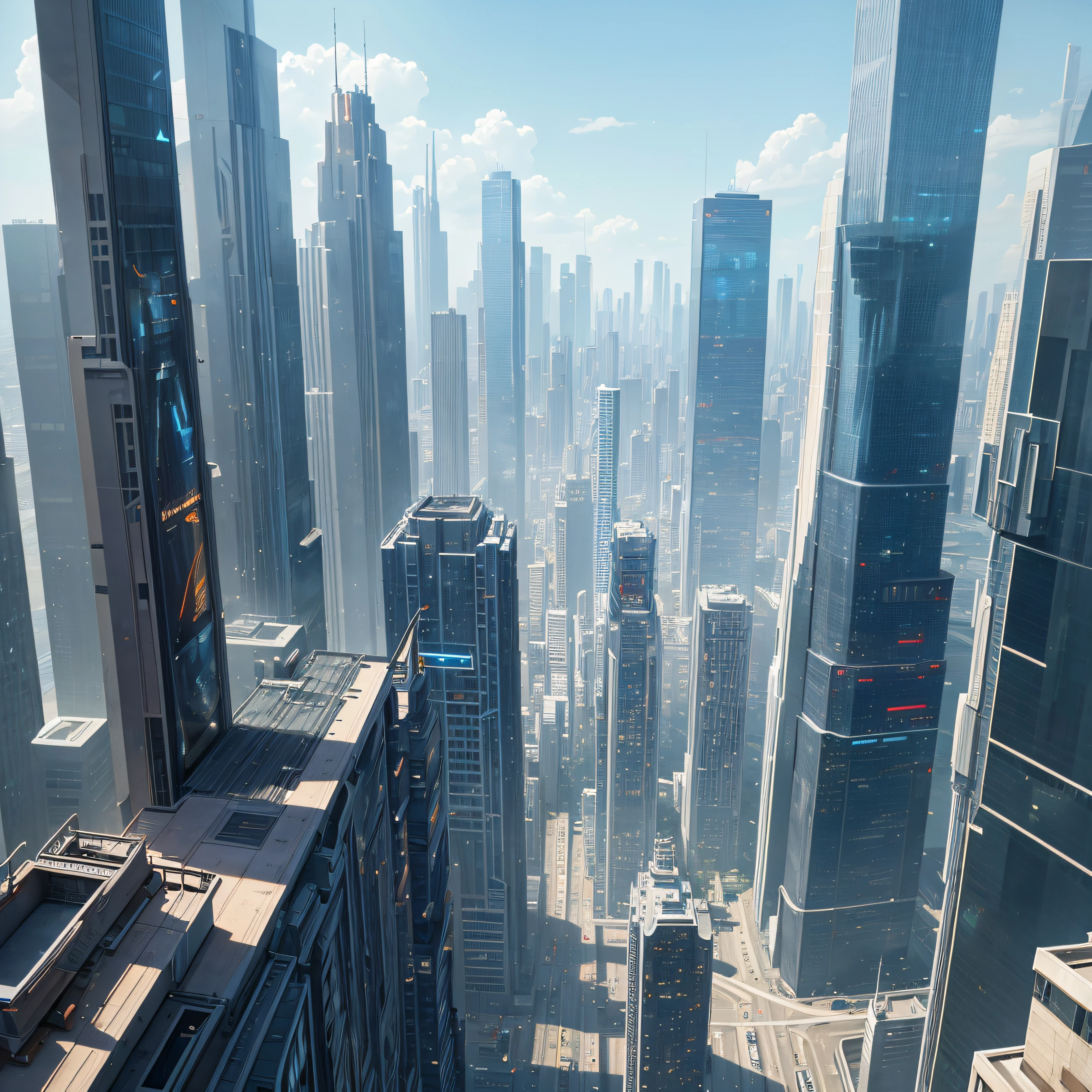 (The city of Coruscant from Star Wars as designed by Doug Chiang), futuristic fantasy city with immense buildings of technological design (que forman una avenida infinita), edificios compactor no difuminados con aspecto metalico, luces en ventanas en edificios, iluminacion diurna con sol, con estructuras acristaladas espectaculares, (con colores vivos). pavimento ensolado (sin brillo). gente paseando. imagen bien definida con muchos edificios juntos. imagen nitida bien definida 8k. los edificios llegan alta el fondo.,8k. imagen cinematografica