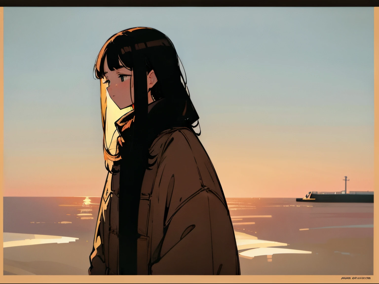 20 year old dark-haired woman, Clothes that look warm、Calm、Gentle light、black backgrounds、Coffee、head shot、Lo-Fi Illustration、a relaxing sight、Woman in sweater、looks sleepy、winter seaside、Horizon、the golden hour、Wide sky