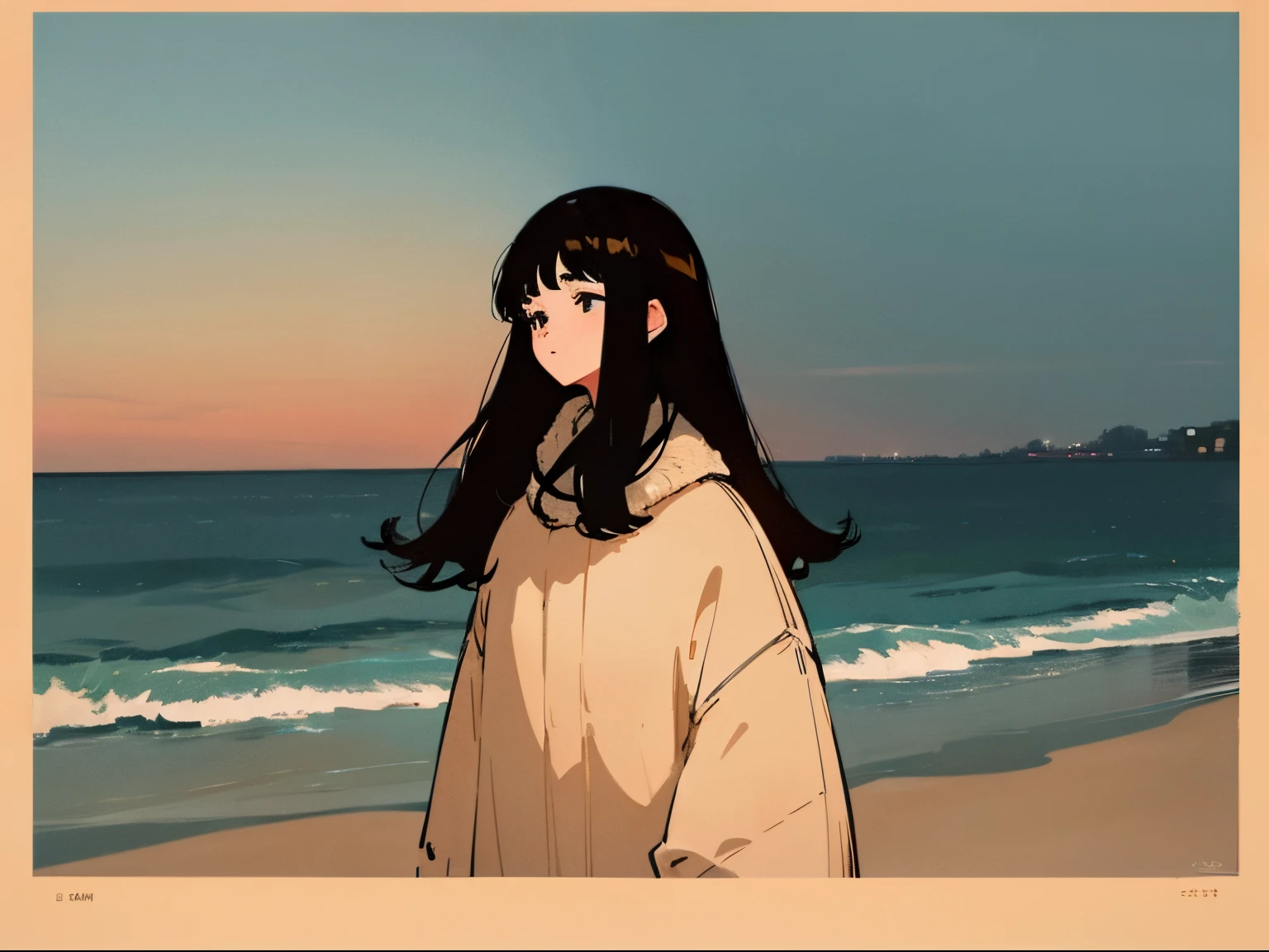 20 year old dark-haired woman, Clothes that look warm、Calm、Gentle light、black backgrounds、Coffee、head shot、Lo-Fi Illustration、a relaxing sight、Woman in sweater、looks sleepy、winter seaside、Horizon、the golden hour、Wide sky