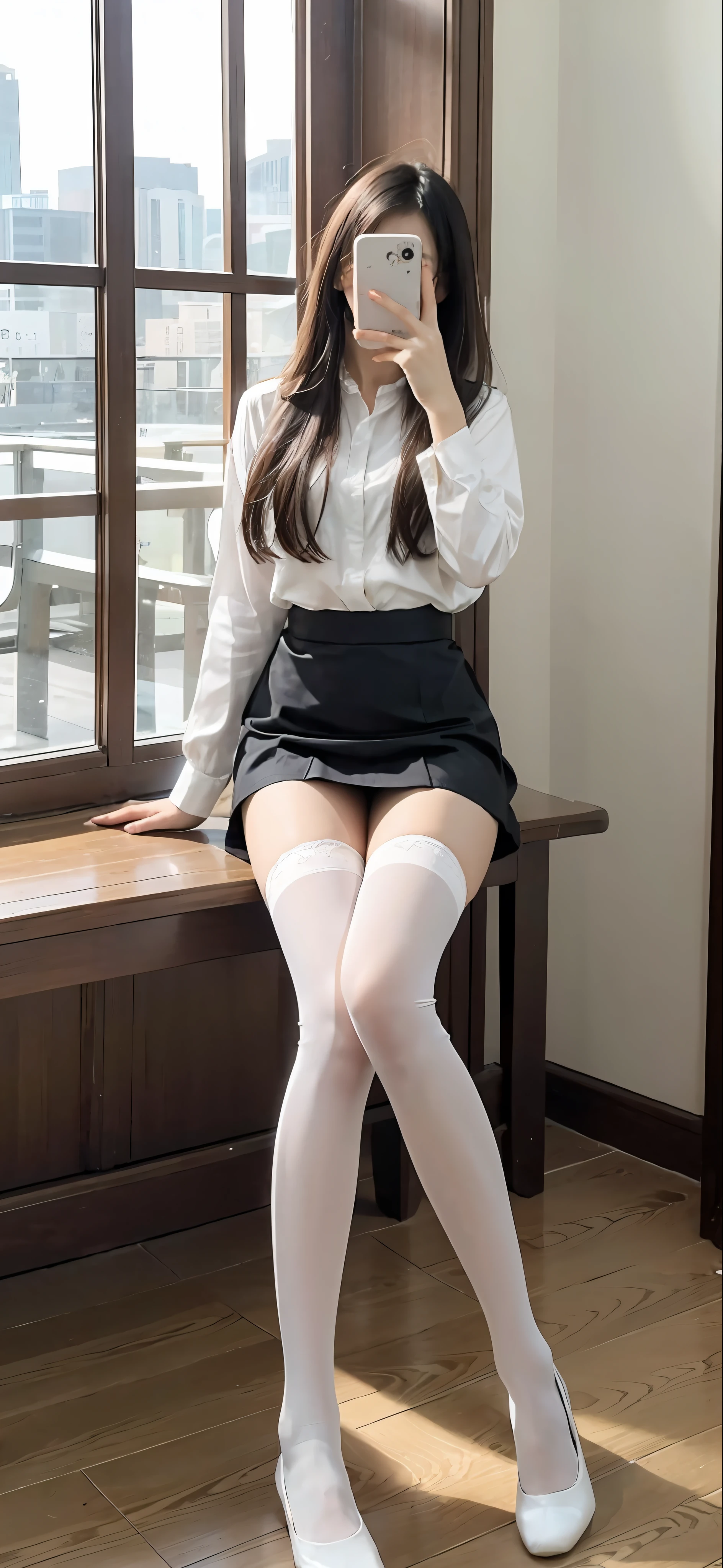 There  a woman in a skirt and a white shirt posing, stockings and skirt, wearing dresses, pale milky white porcelain skin, Wear skirts and high socks, Nice face，Arms and legs, extremely pale, legs visible, Leg and thigh shooting, Wearing a white dress, transparent gray skirts, Wear a honey-themed miniskirt, thigh close-up