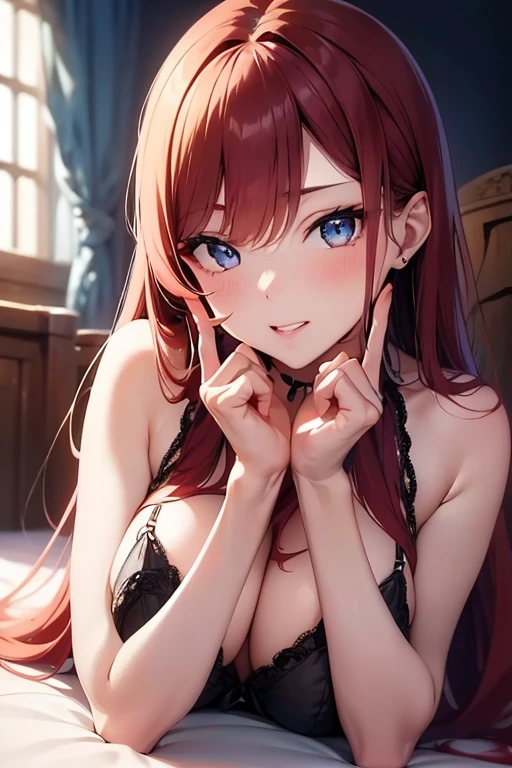 (masterpiece), (portrait), (aesthetic), (beautiful), (upper body), (high quality), (aesthetic clothings), (professional angle), (rule of thirdeminine), (woman), (female), (beautiful),(feminine features), (25 years), solo, 1 woman, (attractive British), night, Warm light, (Lying on a bed), Natural Makeup, (Medium bust), (Front face), (Refined expression), ((Classic Mood)), Pearl Necklace, ((Long hair)), (red hair), (Straight hair), (Silky hair), Glossy shine hair, (Blue eyes), (Elegant look), (Seductive), (Fair skin), (black lingerie clothing), (beach background), (Medium shot), beautiful hands, two hands, normal hands, two arms, complete hands, beautiful body, beautiful fingers, normal fingers, five fingers, five fingers, (Thumb index meddle ring little fingers), normal ears, beautiful eyes, shiny eyes, beautiful mouth, beautiful lips