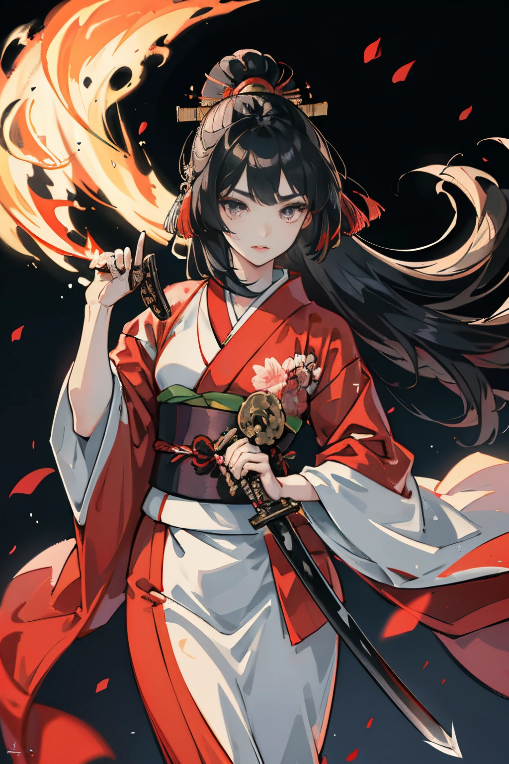 a asian beauty,eyes with brightness,Japan kimono,Playing with the sword,long hair flowing,By bangs,Bust 1.0,Wear a Japanese sword
