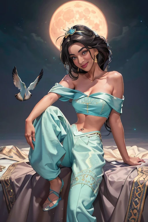jasmine 1girl, solo, looking at viewer, smile, shirt, bare shoulders, jewelry, sitting, full body, flower, earrings, pants, off shoulder, crop top, makeup, bird, border, moon, full moon, off-shoulder shirt (realistic:1.2), (realism), (masterpiece:1.2), (best quality), (ultra detailed), (8k, 4k, intricate),(full-body-shot:1), (85mm),light particles, lighting, (highly detailed:1.2),(detailed face:1.2), (gradients), sfw, colorful,(detailed eyes:1.2)(detailed background),detailed landscape, (dynamic angle:1.2), (dynamic pose:1.2), (rule of third_composition:1.3), (Line of action:1.2)