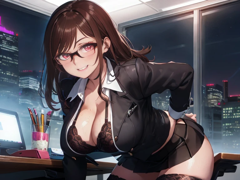 Office at night with neon lights, Late-night overtime, Sharp woman with glasses, Office lady, Lean forward so that you can see your cleavage, Brown hair and eyes, Black fishnet tights, Short skirt with side slits, Reddish cheeks, A smile, Riding a horse, White liquid all over the body, Frontage, C Cup, Black lace bra