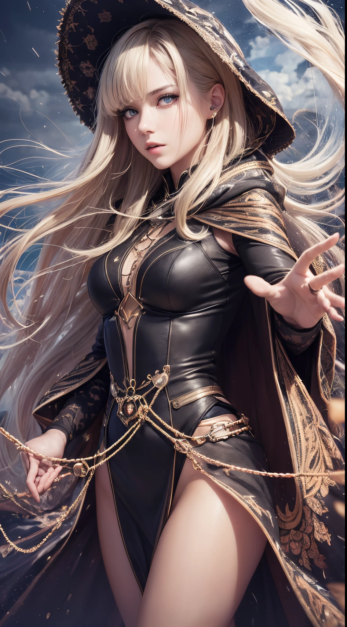 (Skindentation:1.5), Realistic, Photorealistic, (masutepiece:1.5), Concept art, Intricate details, Highly detailed, Photorealistic, Octane Render, 8K, Unreal Engine, Dynamic Pose, Best Quality, hight resolution, (Realistic face:1.1), (hyper realisitic:1.1), ((full_Body)), Perfect eyes,(Shiny skin:1.2), (((Hairstyle))), (((Perfect hand highly detailed background), Haunted Island, ((dynamic background)), ((Lightning)), (llight rays), (1girl in), wearing cloak, (((flowing cloak))), ((Detailed eyes, high quality eyes, face with high quality)), Long hair, (((Flowing hairstyle))), 1girl in ((controlling water)), (((whirlwind of water))), ocean, Tsunami, Magic, (creates a dramatic, depth of fields, Bokeh, 4K, Gothic, ((Sateen)), energy ball between hands