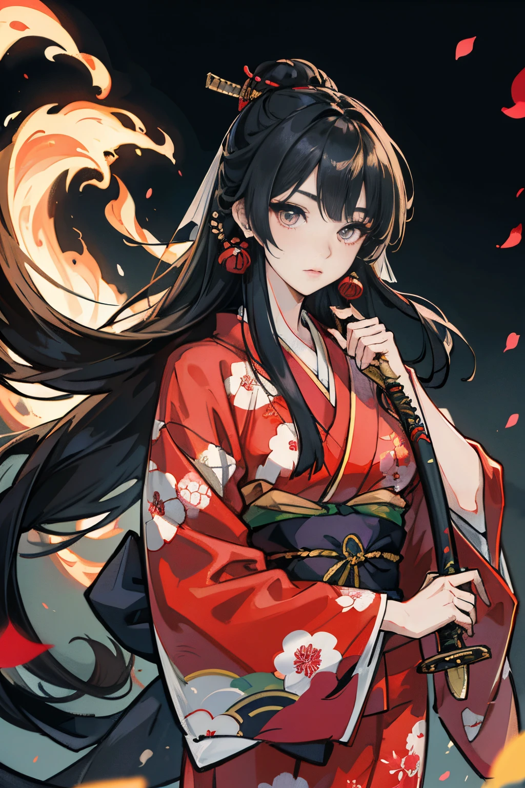 a asian beauty,eyes with brightness,Japan kimono,Playing with the sword,long hair flowing,By bangs,Bust 1.0,Wear a Japanese sword