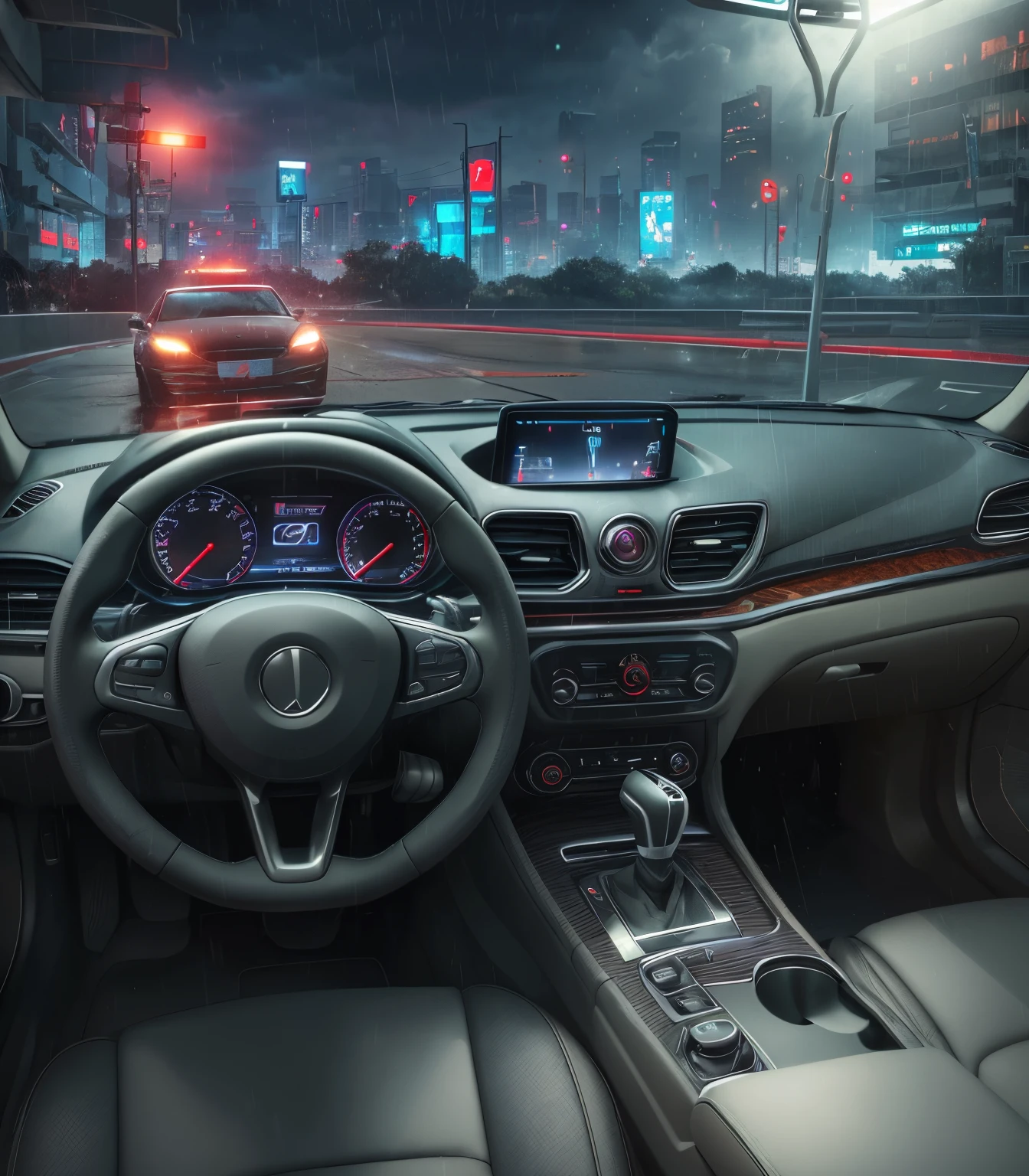 inside of car sci fi cyberpunk city hyper realistic 8k photorealistic raining --auto --s2