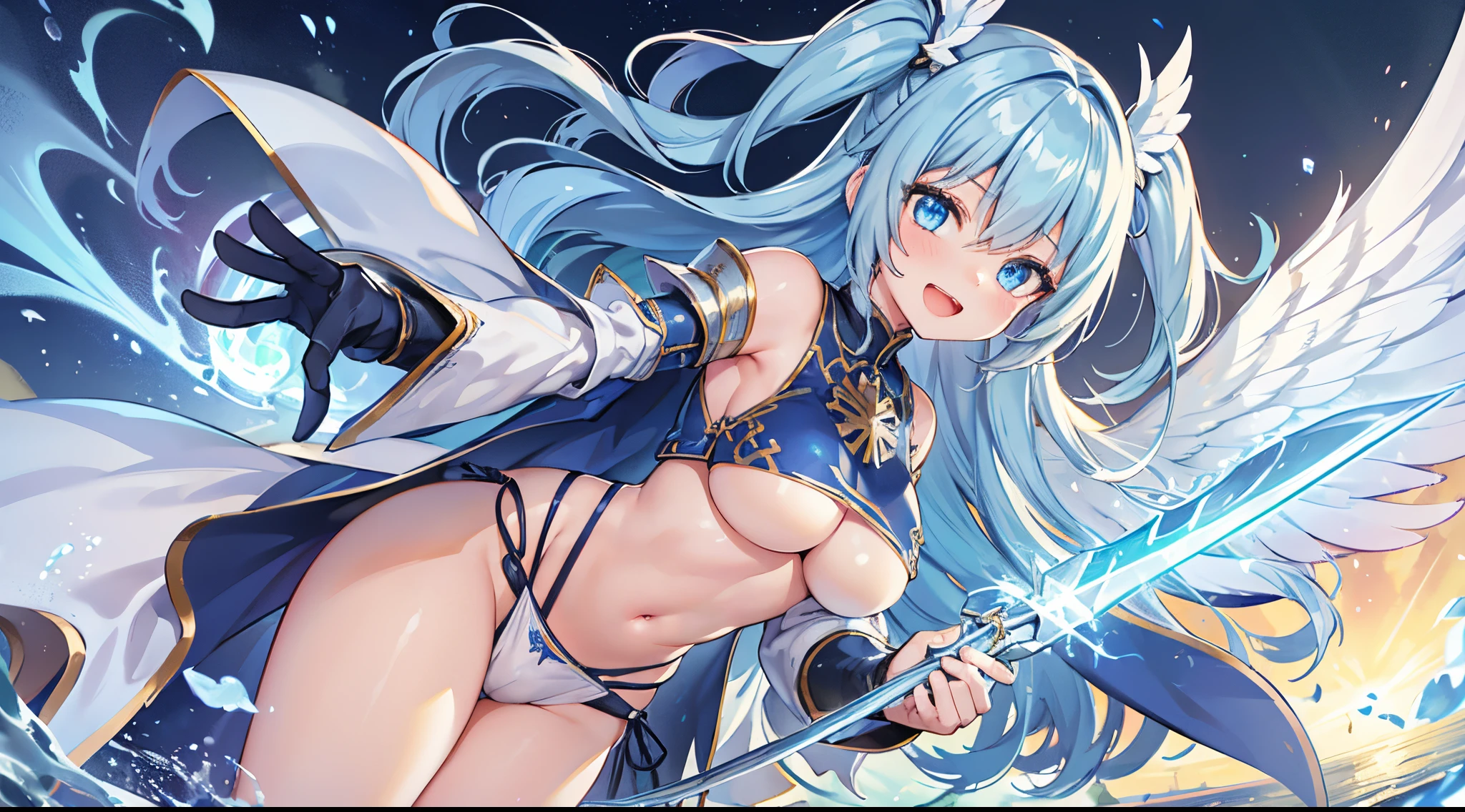 1 girl, game cg, paladin armor, blue, angel wings, sideboob, under boob, belly button visible, thighs, loincloth, gigantic breasts, light blue hair, middle hair, two side up, blue eyes, smile, open mouth, magic attack, Rays of light, simple background, dynamic,