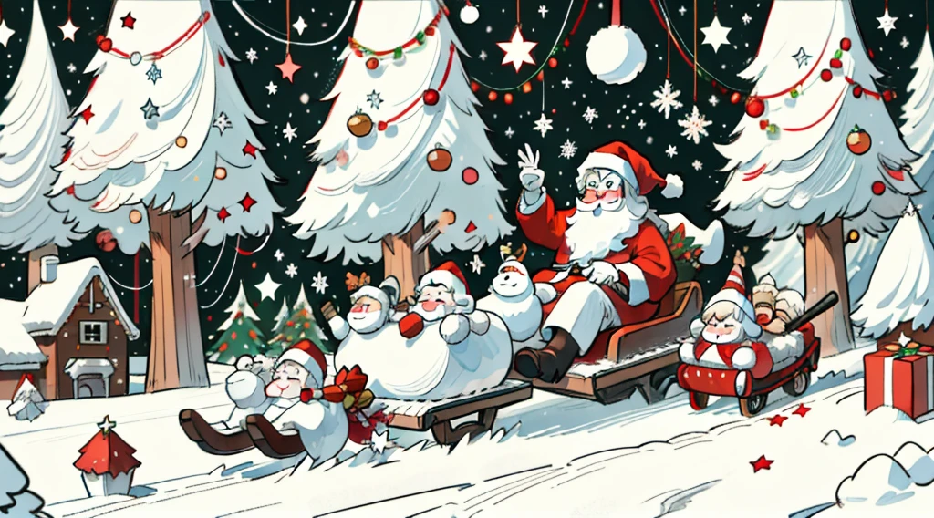 ​masterpiece、(santa claus solo:1.2)、Fly through the night sky on a wooden sleigh pulled by reindeer、A smile、One hand is a peace sign、Chibi Chara、monochromes、line-drawing、snowscape、A delightful、Christmas atmosphere、idyllic、Fairy tale、Cute