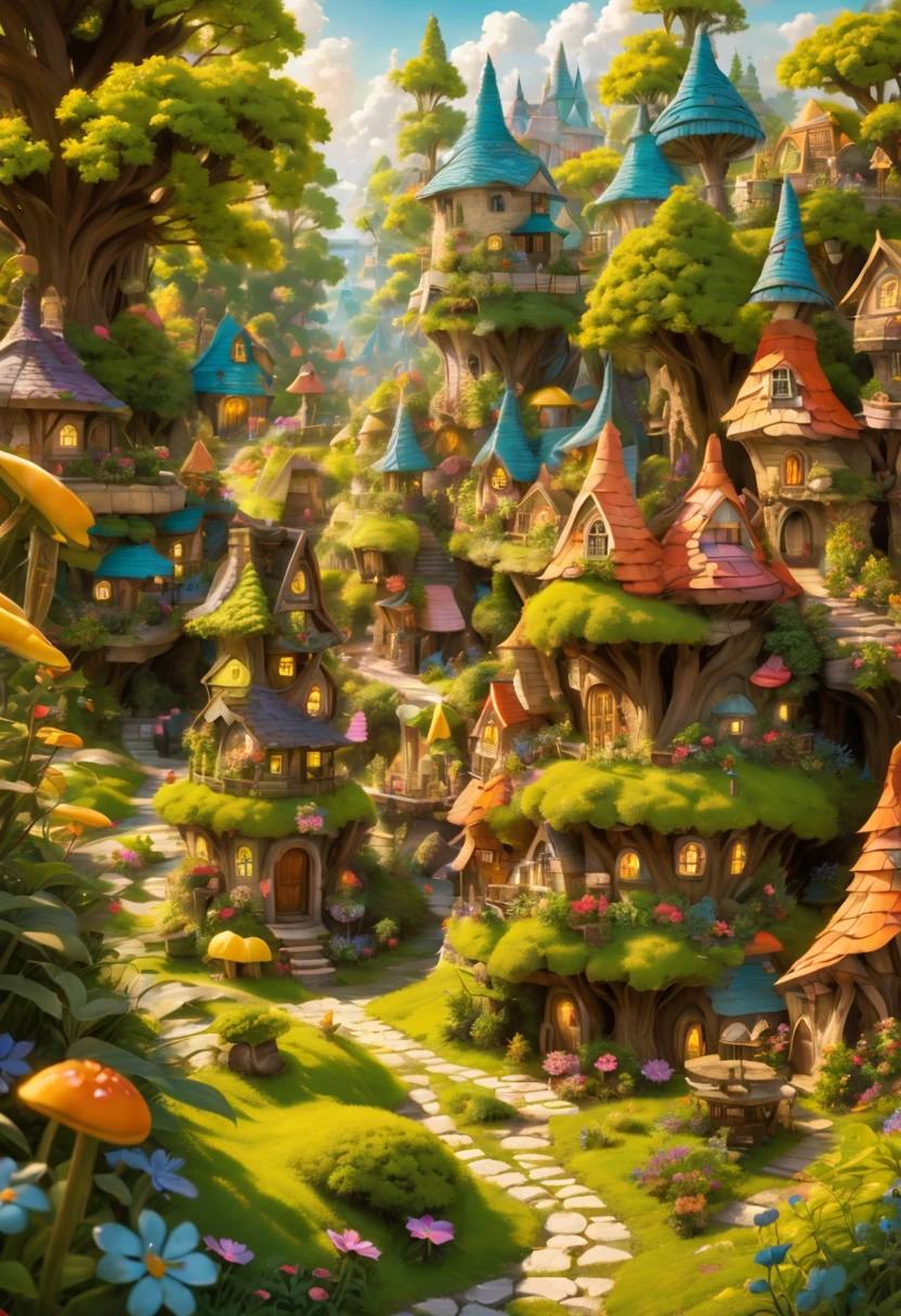 A magical fairy village , a of of magical houses , dwarfs+++ , fairy++