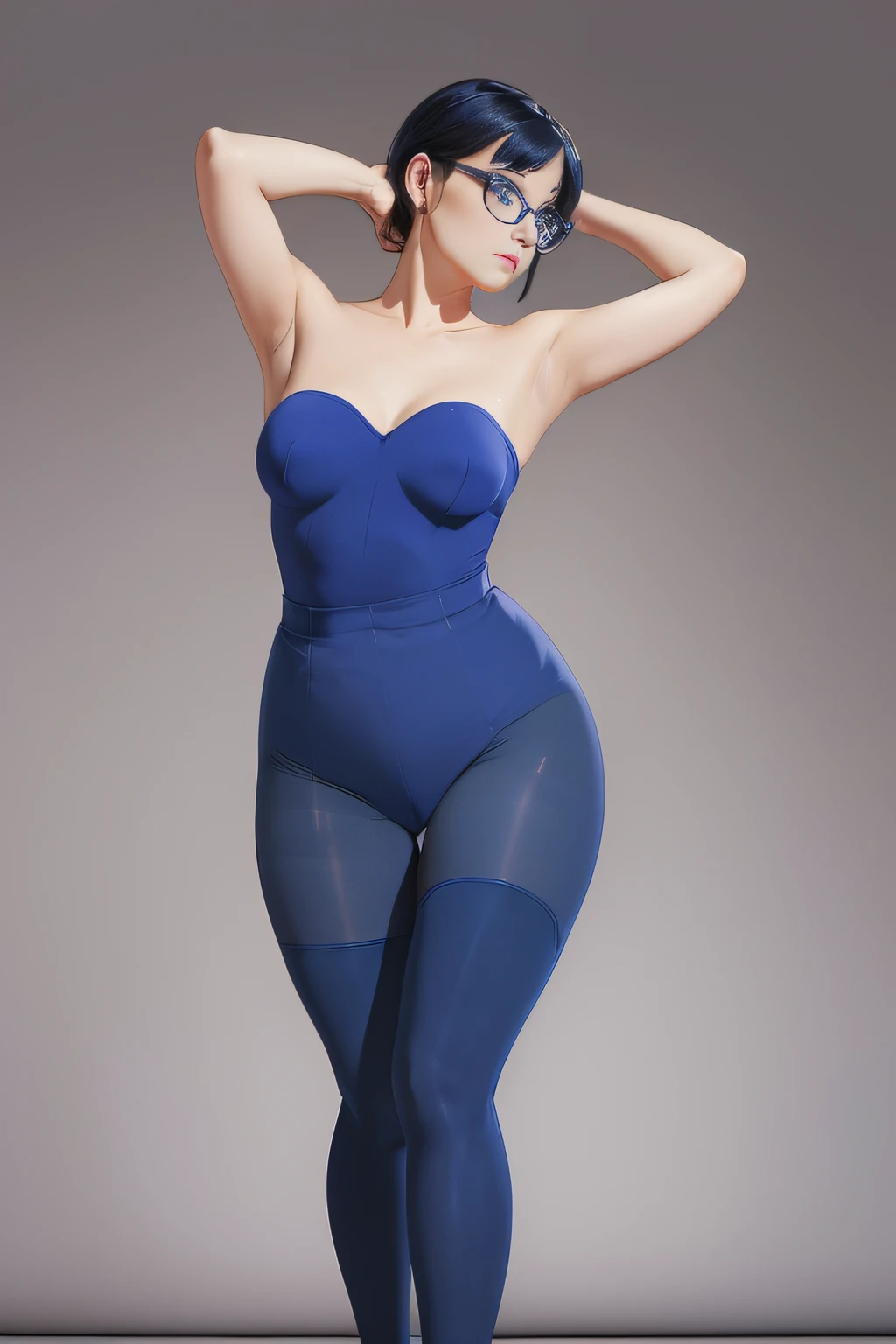 Woman with glasses,Tube Top,(Tight full-body tights),Shorthair woman,rather thick body shape,((Full body blue tights)),Naked man hugging his legs