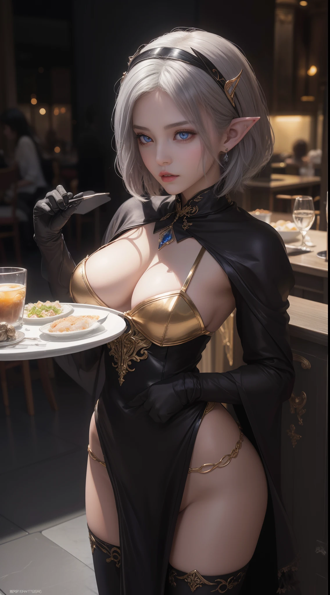 tmasterpiece,Highest image quality,Beautiful bust of a dark elf girl,elvish ears,Dark elf silver short hair style,Clear golden eyes,锁链,bistro in paris,Ultra-detailed details。At the Pixiv Art Station,Break your own power,The kinky exposed,R-18G