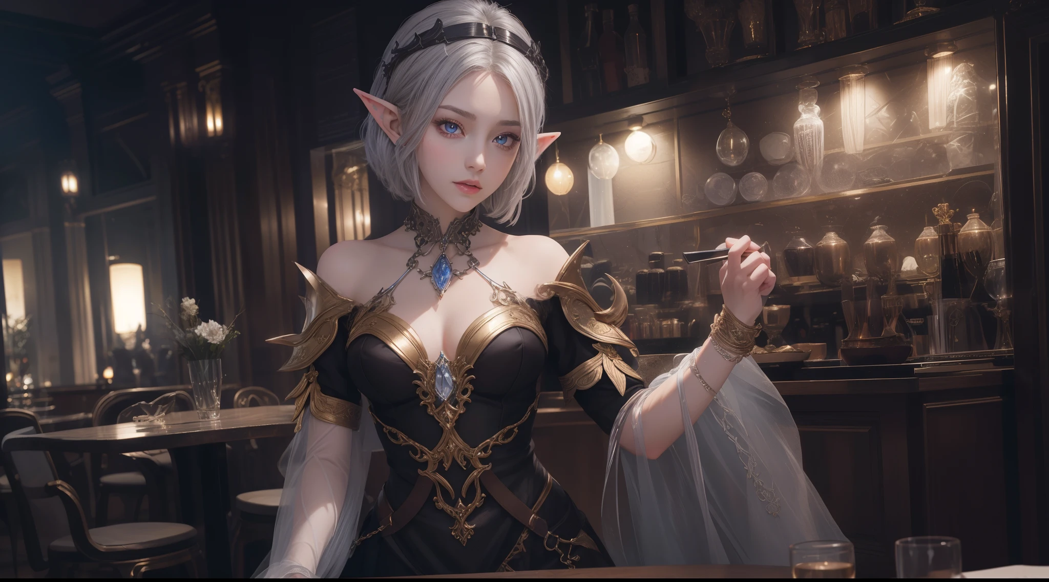 (masutepiece, High resolution, Photorealsitic:1.4), (Dryad working in a tavern wearing maid clothes that emphasize breasts often seen in sensual and statue-like figure games:1.3), Maid clothes with extremely small fabric area、(Shortwear, tight-fitting clothes、Walk around the store:1.2), (Jade-colored hair:1.2), (Rosy cheeks blush with a hint of shy:1.2), (I work in an elven pub:1.2), (A stylish pub inspired by medieval Europe:1.1), (Stylish neon lights in the store:1.1), (Canon EOS R5 mirrorless camera:1.2), (Paired with Canon RF 24-70mm f/2.8 L IS USM Lens。:1.2), (Capture the realism of the moment:1.2), (Celebrate the magical charm of meeting the forest:1.2), (Captivating photos that bring fantasy to life:1.1), Cinematic, ultra-detailliert, Insane details, Beautifully color graded, Unreal Engine, degrees of freedom, Hyper-Resolution, Megapixel, cinematic lightening, Anti-aliasing, FKAA, TXAA, nffsw, SSAO, post processed, Post Production, Tone Mapping, ......CGI, VFX, tokusatsu, insanely detailed and intricat, Hyper maximalist, Hyper realistic, Volumetric, Photorealistic, ultra photoreal, Ultra-detailed, Intricate details, 8K, super detailed, fulcolor, Volumetric lightning, nffsw, Realistic, Unreal Engine, 16 K, Sharp Focus, Octane render --v testp
