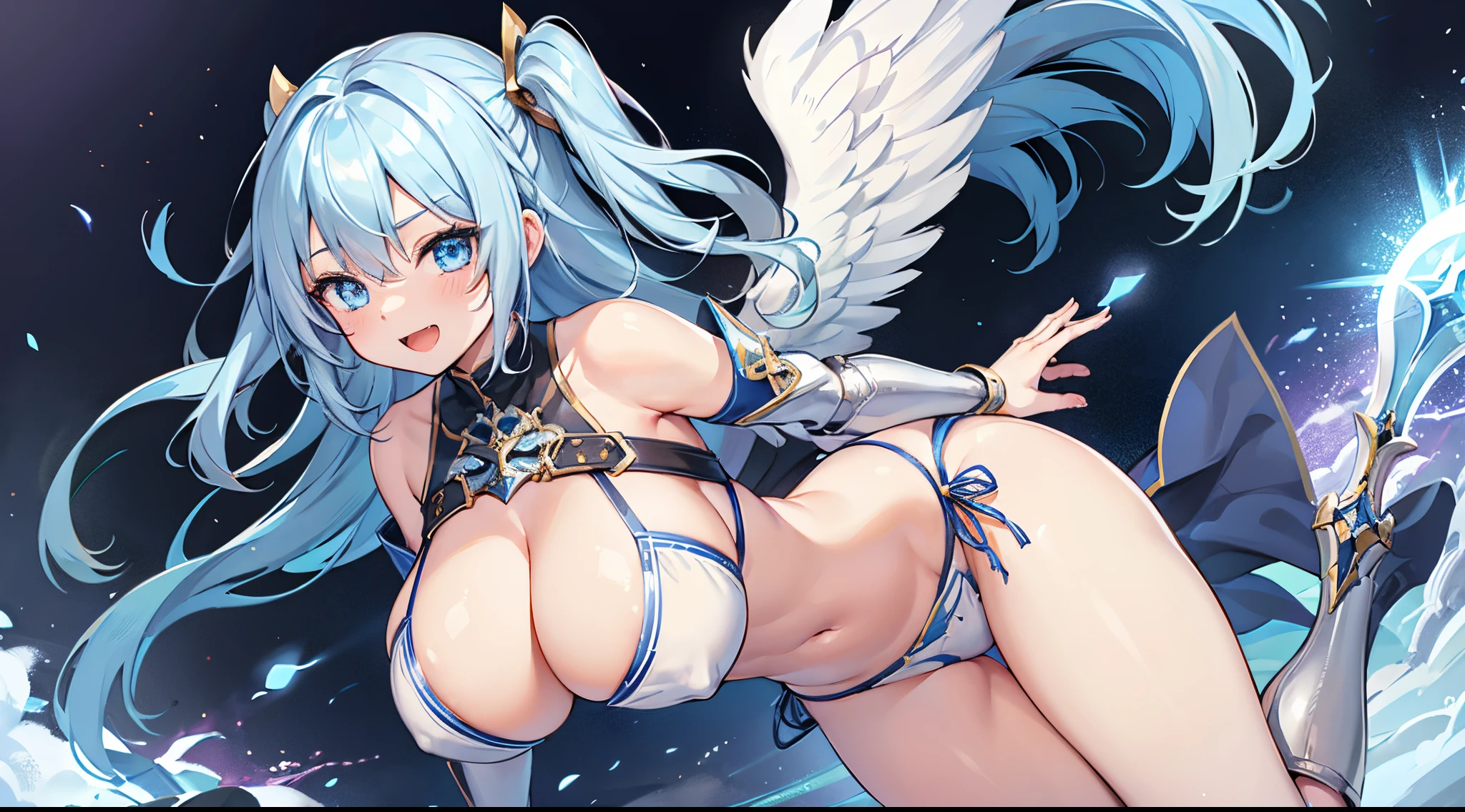 1 girl, game cg, paladin armor, blue, angel wings, sideboob, under boob, belly button visible, thighs, loincloth, gigantic breasts, light blue hair, middle hair, two side up, blue eyes, smile, open mouth, magic attack, Rays of light, simple background, dynamic,