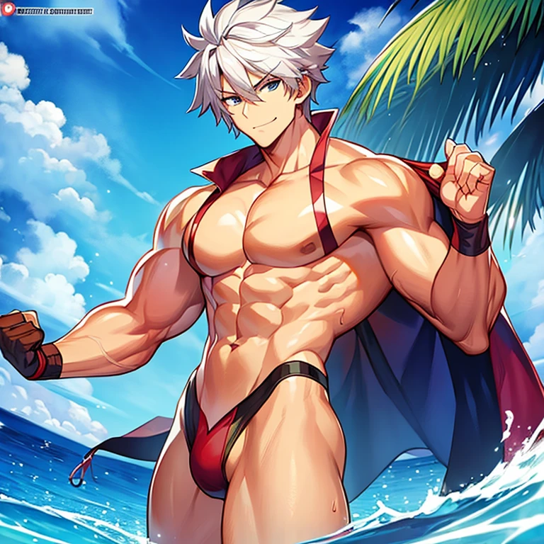 Muscular and ???? man flexing ????? looking at camera 2D anime illustration