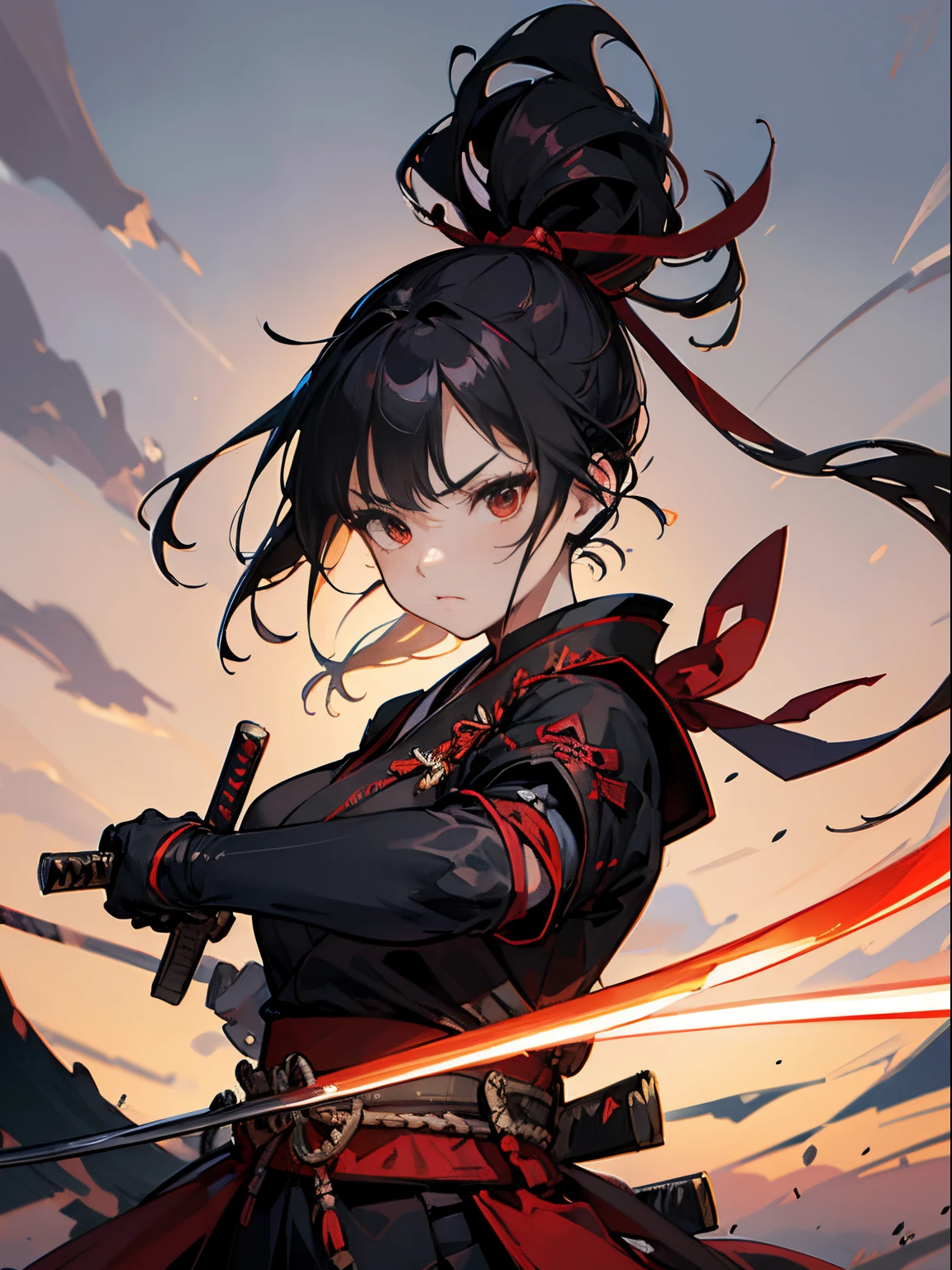 master piece,hyper quality, Hyper Detailed,Perfect drawing,Solo, Beautiful Girl, Samurai wielding a sword, Black ponytail, Hair tied up with a large red ribbon, Equipped with two Japan swords 、open stance, Dynamic Action Pose,Old Japan、battle field、wasteland、beatiful backgrounds、Accurate drawing、Detailed drawing、