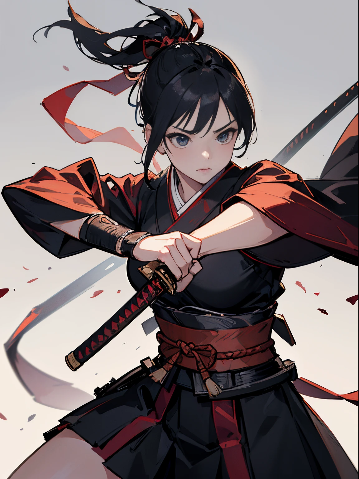 ​master piece,hyper quality, Hyper Detailed,Perfect drawing,Solo, Beautiful Girl, Samurai wielding a sword, Black ponytail, Hair tied up with a large red ribbon, Equipped with two Japan swords 、open stance, Dynamic Action Pose,Old Japan、battle field、wasteland、beatiful backgrounds、Accurate drawing、Detailed drawing、