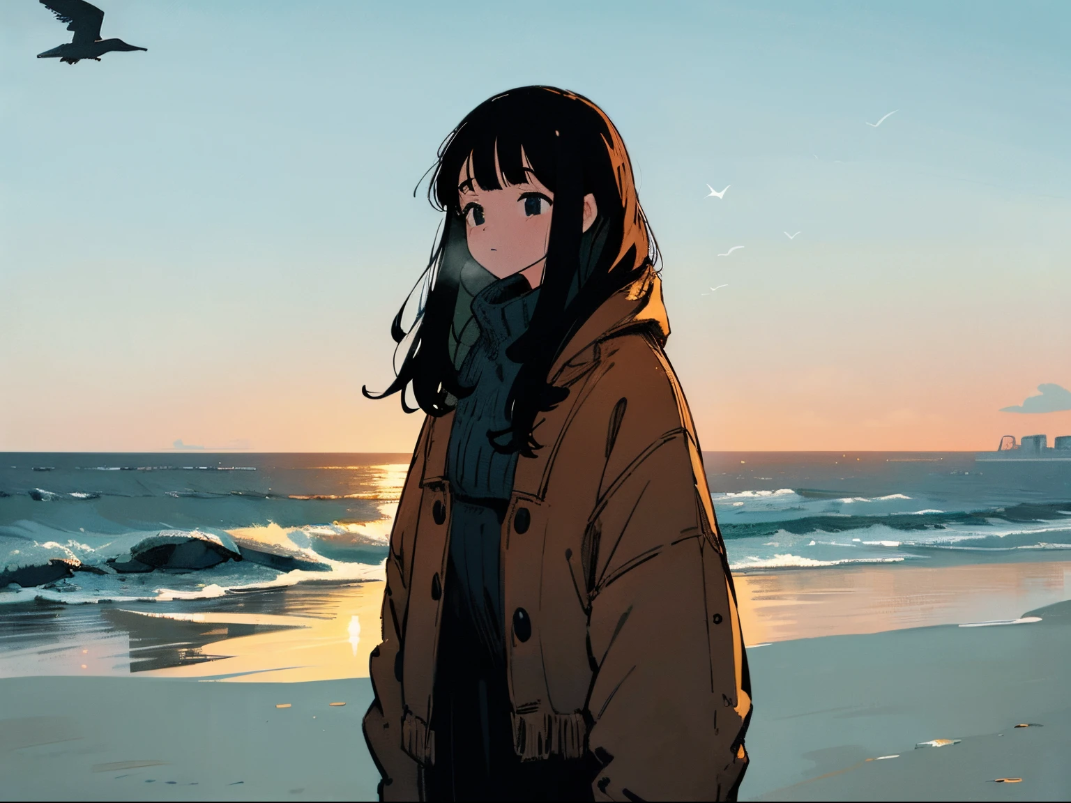 20 year old dark-haired woman, Clothes that look warm、Calm、Gentle light、black backgrounds、Coffee、head shot、Lo-Fi Illustration、a relaxing sight、Woman in sweater、looks sleepy、winter seaside、Horizon、the golden hour、Wide sky、White breath、White Haze、Morning walk、Seagulls are flying