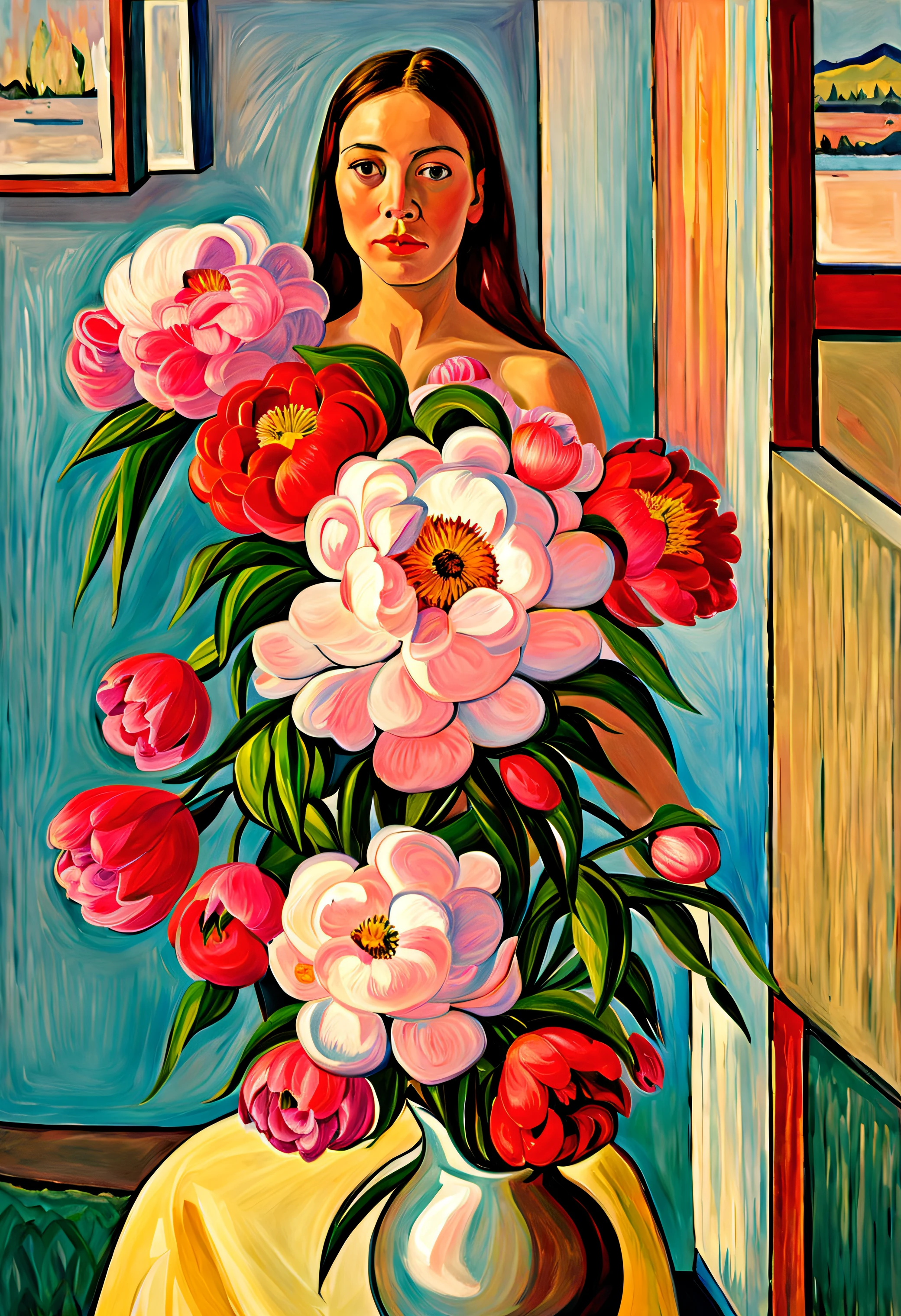 attractive young girl with peonies ((Edvard Munch style)), ((oil painting)), Bright color, ((tmasterpiece)), Impression, 極端なディテール, perspective, 8K