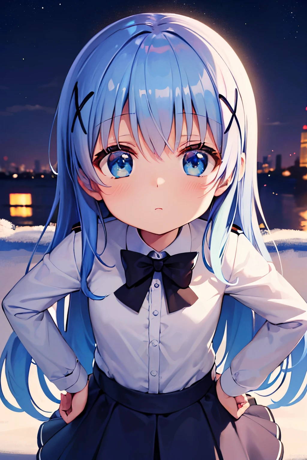 (((gochuumon wa usagi desu ka?))),(((Kafuu Chino))). long hair. Blue eyes.light Blue hair.(((masterpiece))).(((best quality))).)((ultra-detailed))).(((illustration))).(((put your hands on your hips))).(((night view))).short stature.Blue uniform.black skirt.look from above