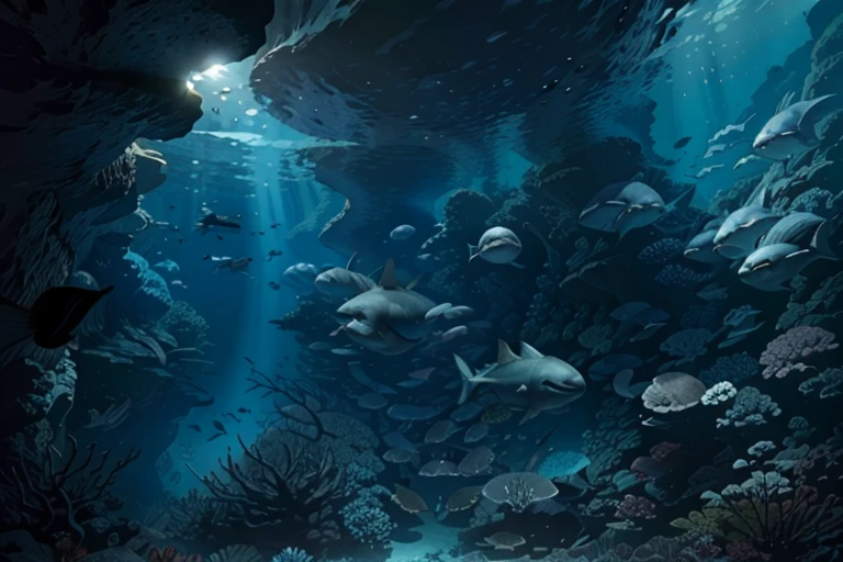 Underwater scenery, wide angle view, ((silhouette)), deep blue mood, dark environment, very deep water, cave diving, (((view from sea bottom, miles far away from water surface))), looking upward, hazy back lighting)), flocks of fishes 🐟🐟🐟🐟🐟🐟🐟🐟, many rare sea creatures,  Tardigrade, (Pantopoda), Giant Isopod,  Chimaera, prehistoric sea creature, sea cliffs, epic acrylic painting