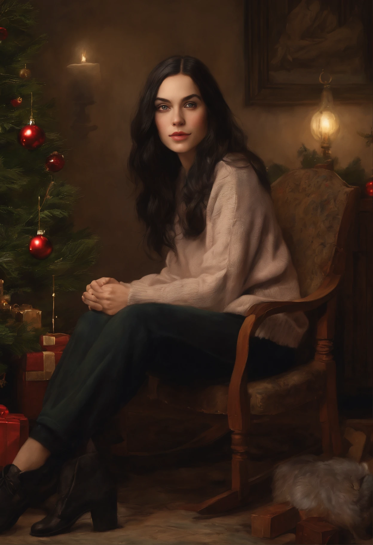 真实感, a painting, fairy tale fantasy style, Christmas style, John Tolkien style, Small painting by Jean-Baptiste Monge, Soft facial features, Rocker Girl, sitting in a chair with flowing straight black hair near the Christmas tree, Soft facial features, Wearing trousers, Wearing a printed sweatshirt, With light makeup, dark pink lips, lip shape"pearlescent" ,"straight, slightly arched eyebrows, Cyan eyes, heavy-lidded eye shape, Human Hand, Very clear, Without flaws, five fingers, black long straight hair, In a short sweatshirt with a print, in black trousers,mischievous character, Christmas tree, Gifts, Jean-Baptiste Monge, anthropomorphic --ar 2:3 --testp -optimistic;