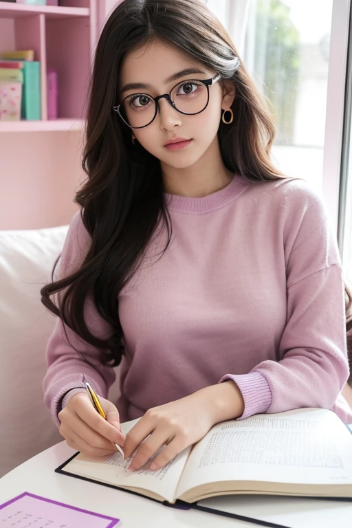 A cute ,black big eyes,Wearing gold-rimmed glasses,Long hair micro-curls,Wear a pink and purple top,Reading and studying on desktop,Behind it a glass window that lets in sunlight,Furniture IKEA style, and plain,with a pure white background